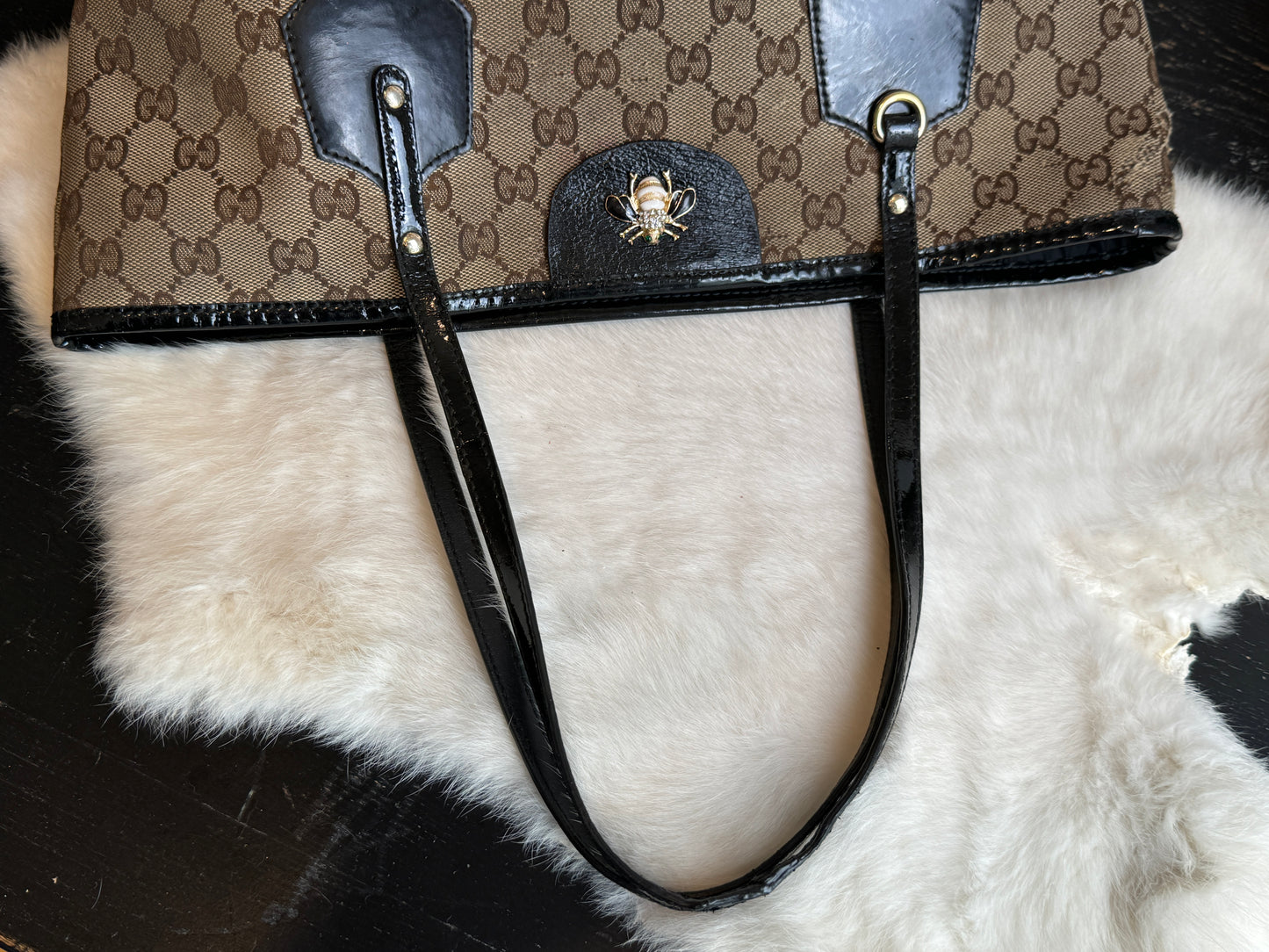 GUCCI GG Canvas Small Patent Trim Tote
