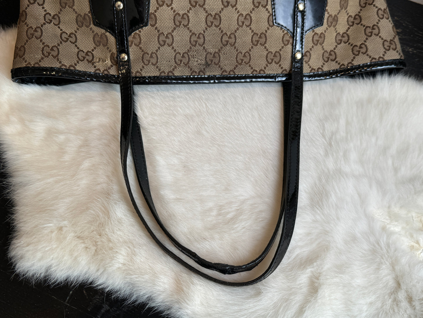 GUCCI GG Canvas Small Patent Trim Tote