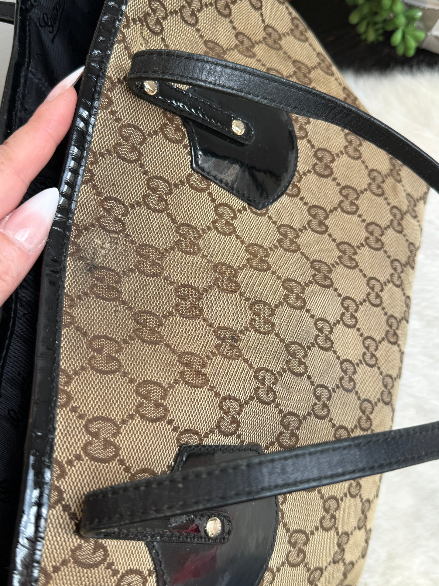 GUCCI GG Canvas Small Patent Trim Tote