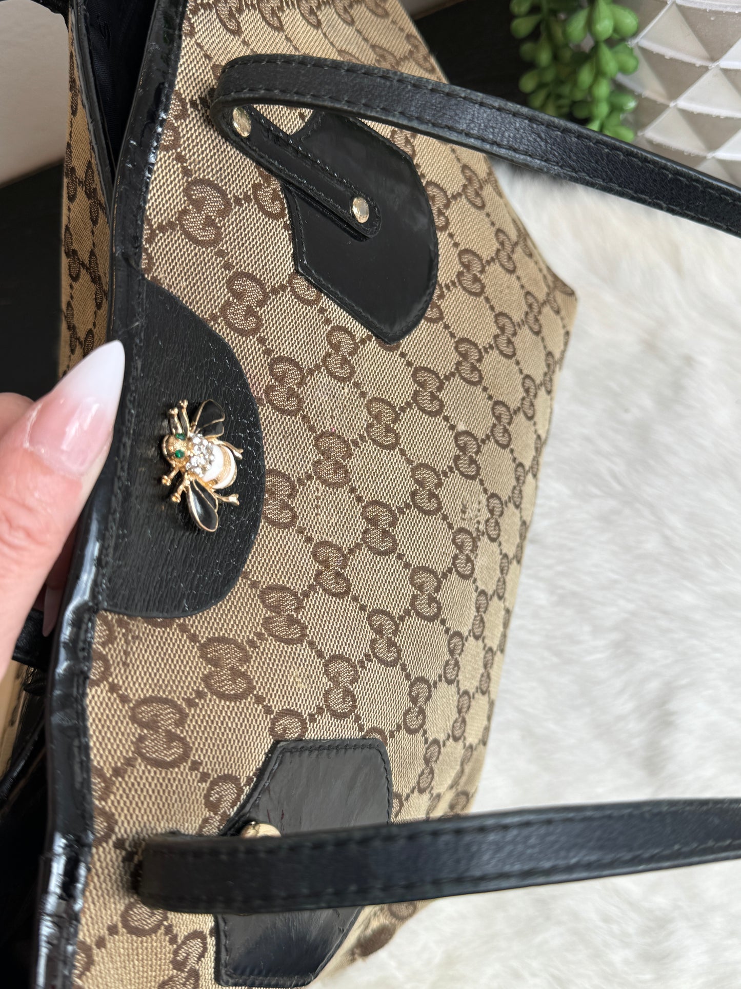 GUCCI GG Canvas Small Patent Trim Tote