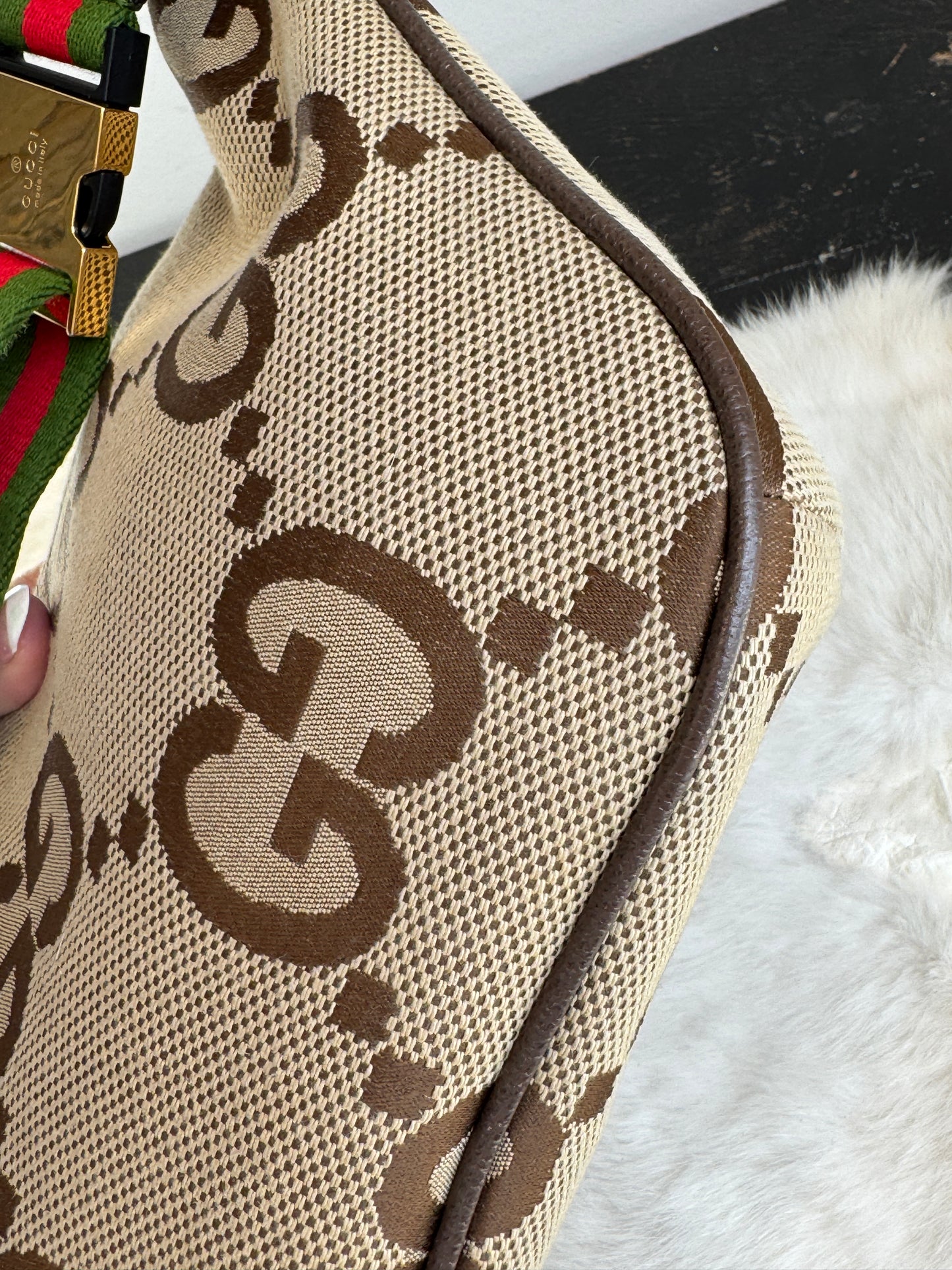 GUCCI Jumbo GG Canvas Leather Belt Waist Bumbag Camel