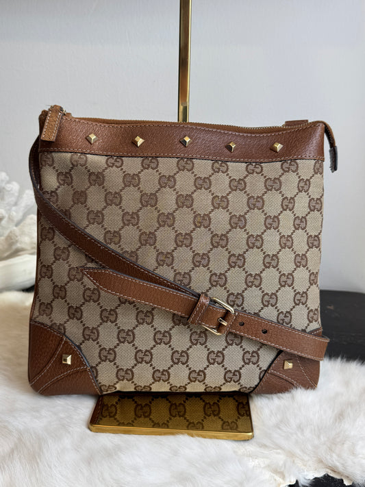 GUCCI GG Monogram Canvas Studs Crossbody Brown Bag