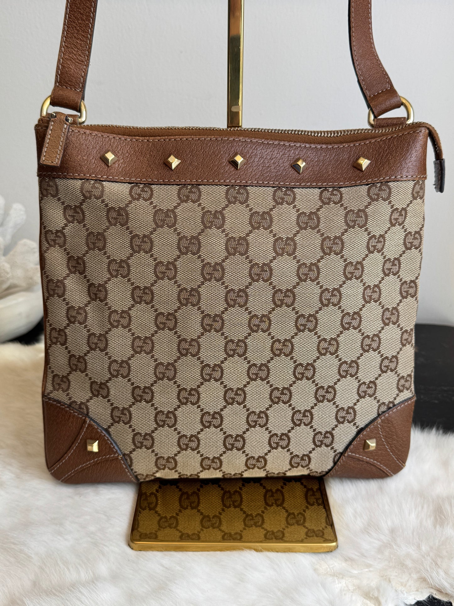 GUCCI GG Monogram Canvas Studs Crossbody Brown Bag