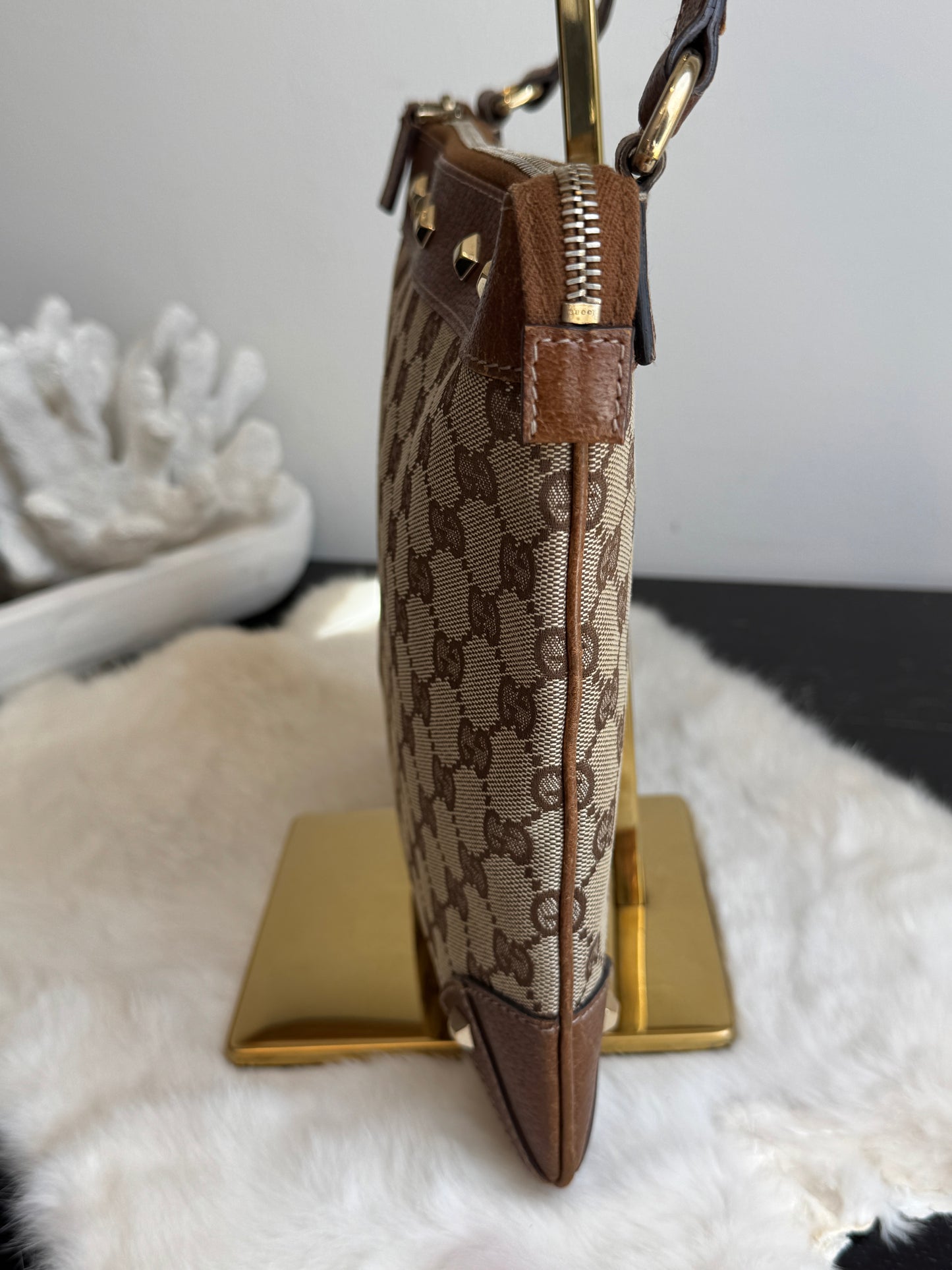 GUCCI GG Monogram Canvas Studs Crossbody Brown Bag