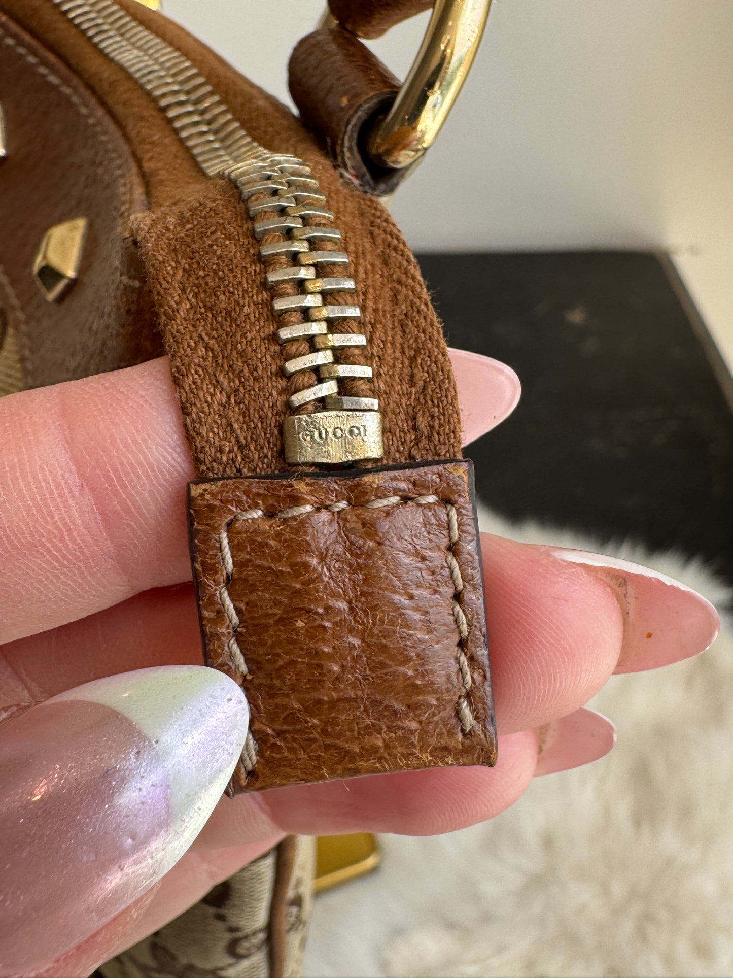 GUCCI GG Monogram Canvas Studs Crossbody Brown Bag