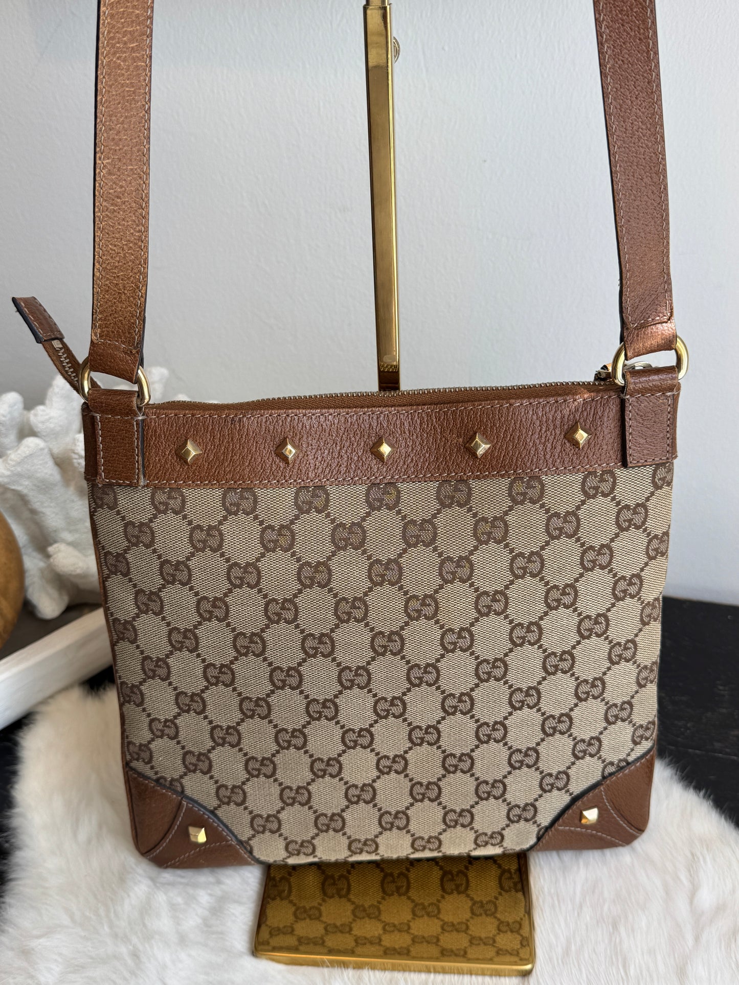 GUCCI GG Monogram Canvas Studs Crossbody Brown Bag