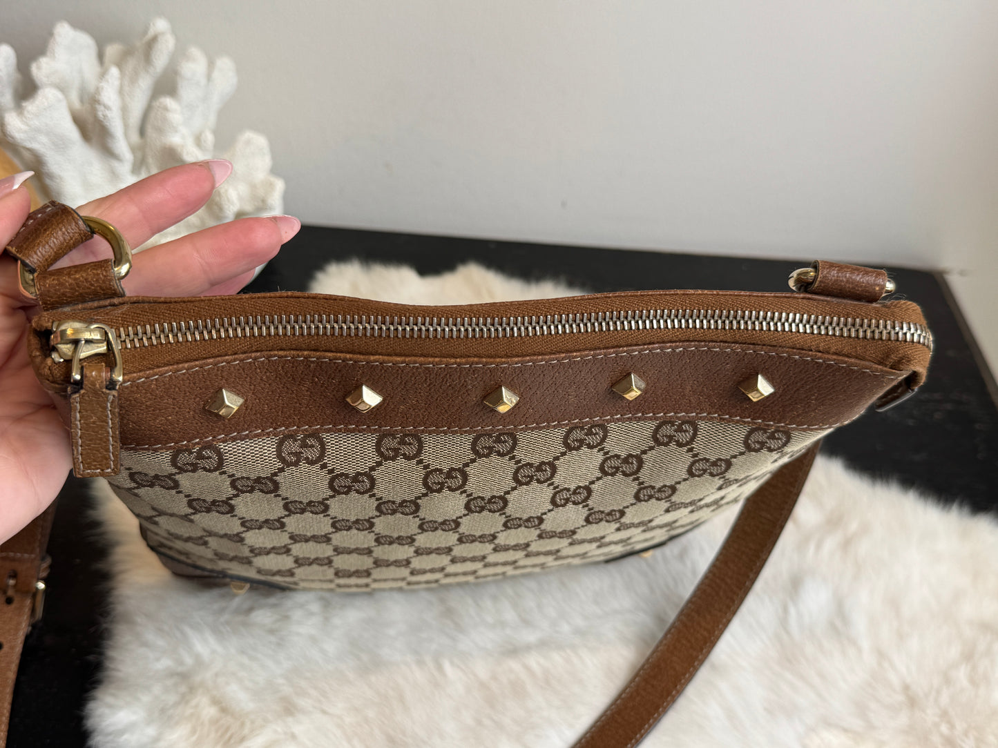 GUCCI GG Monogram Canvas Studs Crossbody Brown Bag