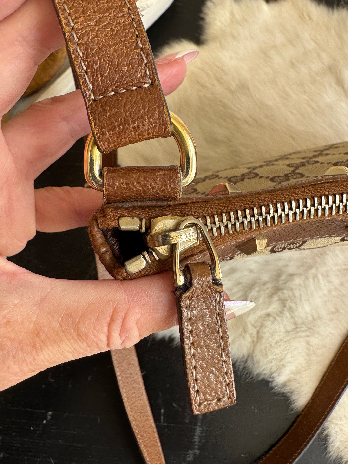 GUCCI GG Monogram Canvas Studs Crossbody Brown Bag