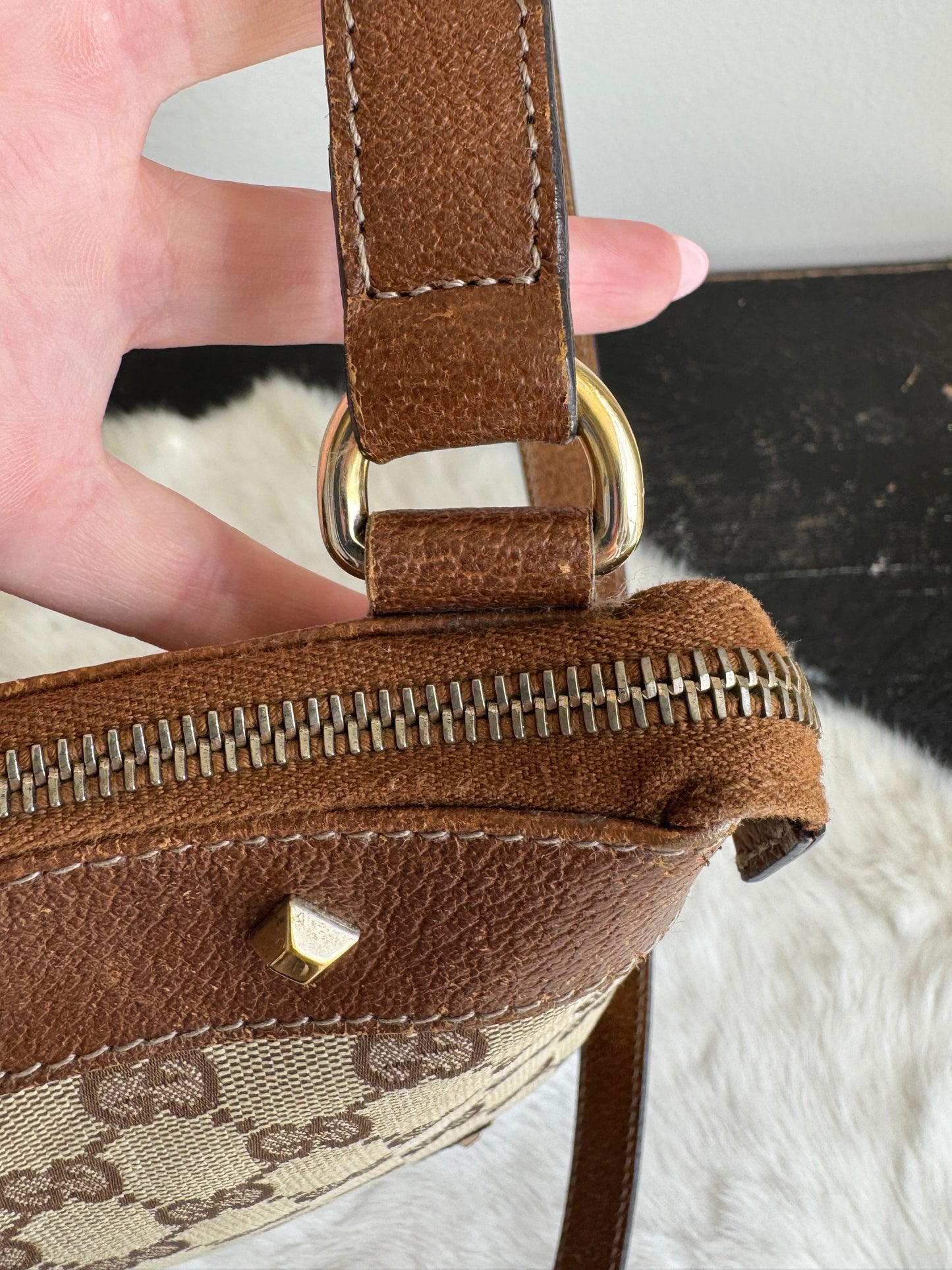 GUCCI GG Monogram Canvas Studs Crossbody Brown Bag