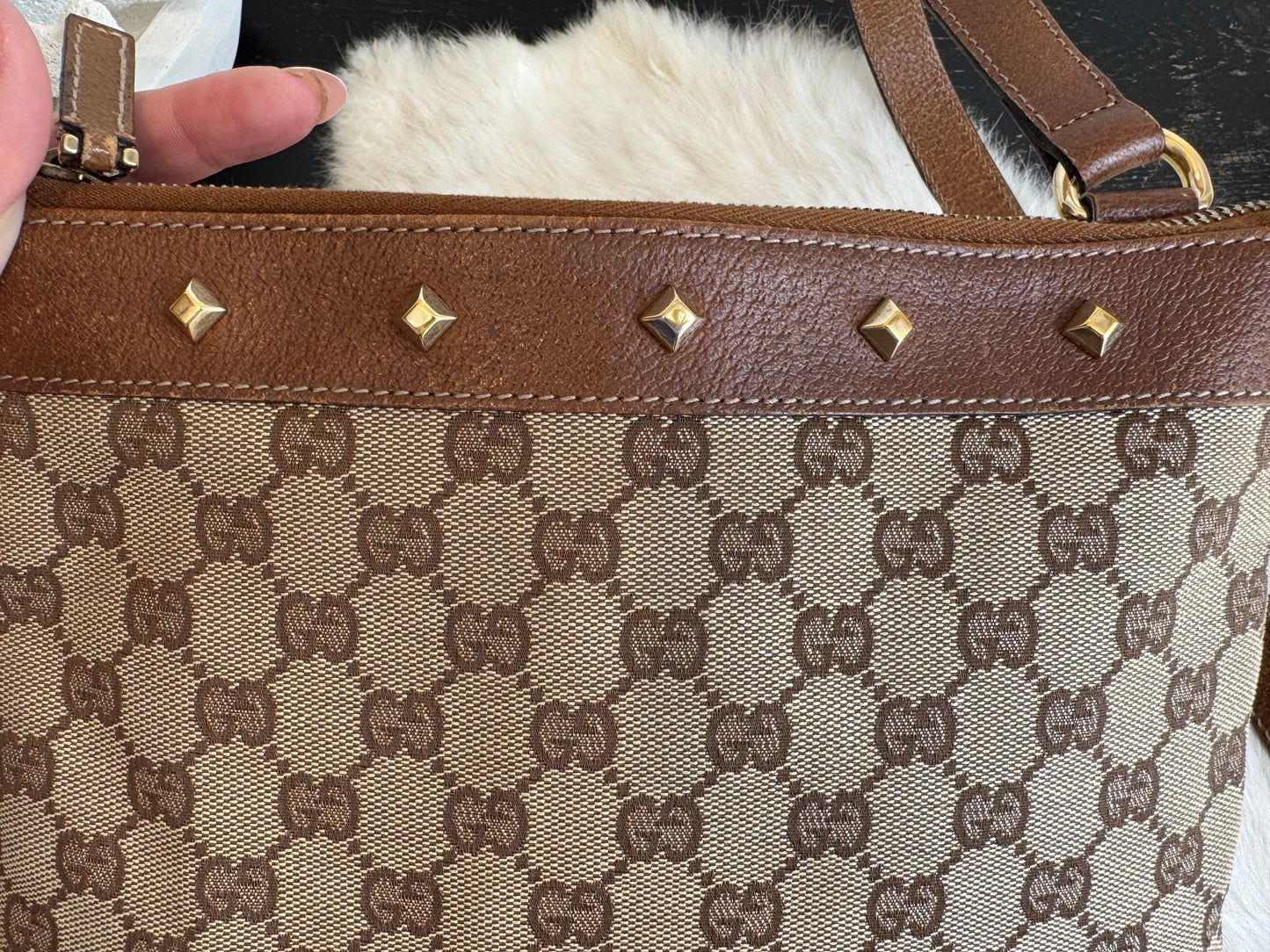 GUCCI GG Monogram Canvas Studs Crossbody Brown Bag