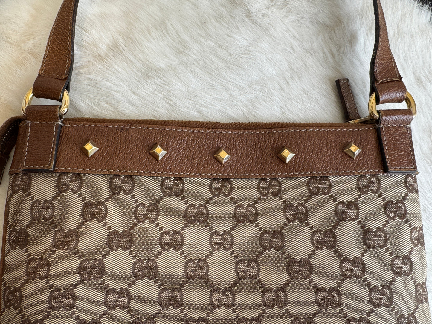 GUCCI GG Monogram Canvas Studs Crossbody Brown Bag
