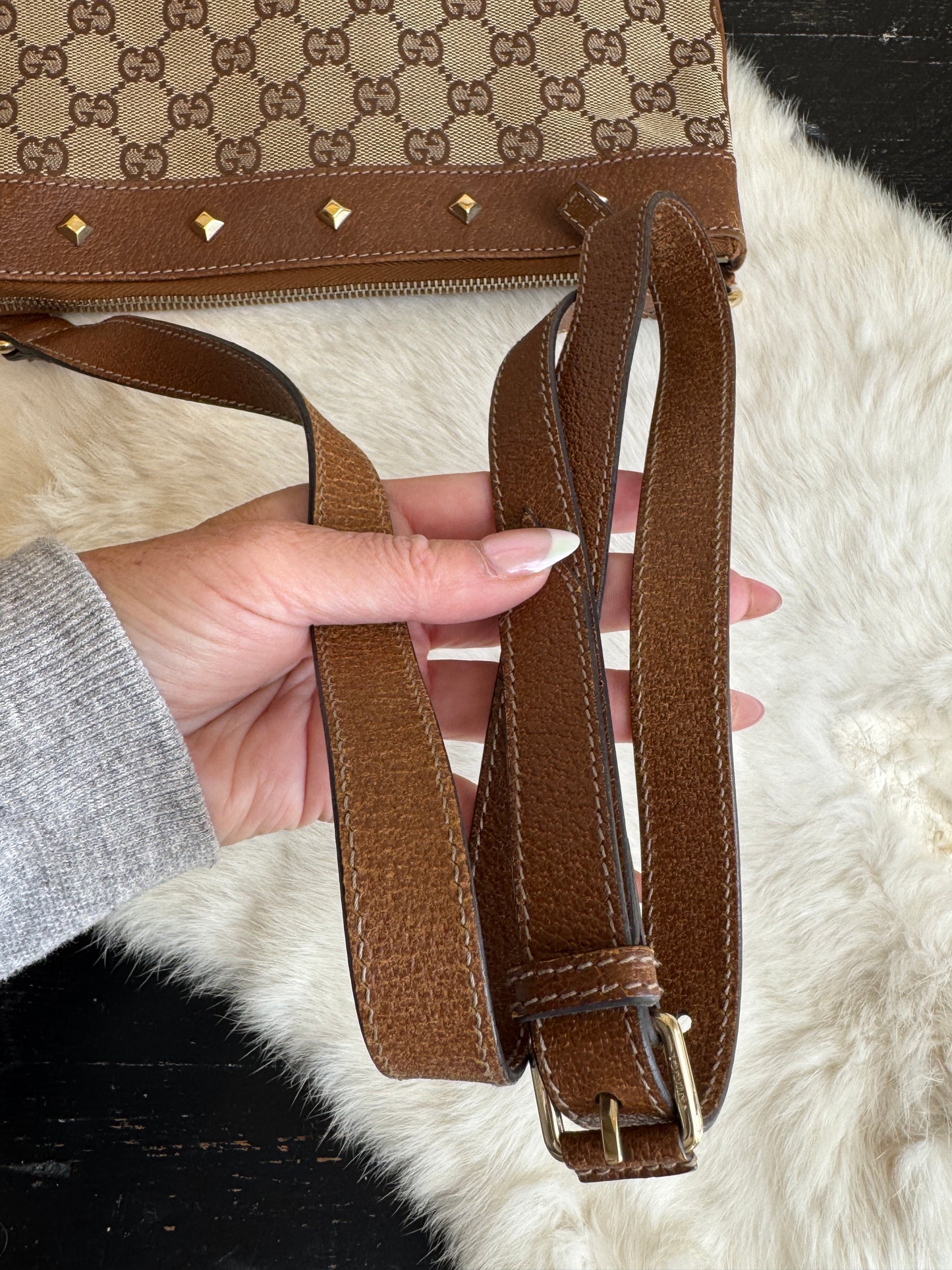 GUCCI GG Monogram Canvas Studs Crossbody Brown Bag
