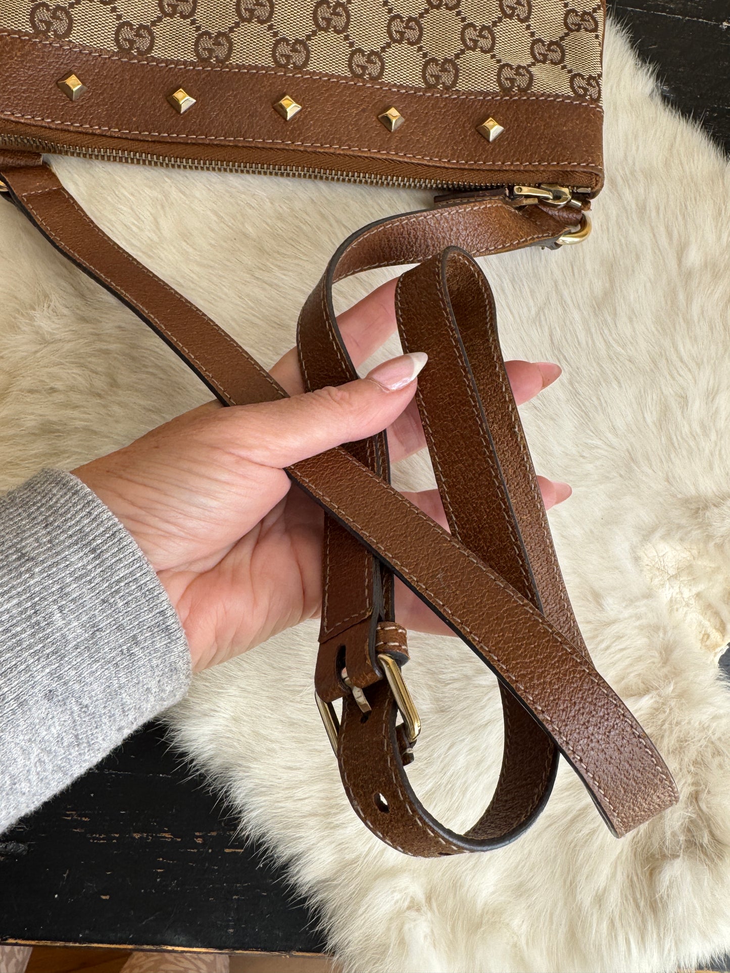 GUCCI GG Monogram Canvas Studs Crossbody Brown Bag