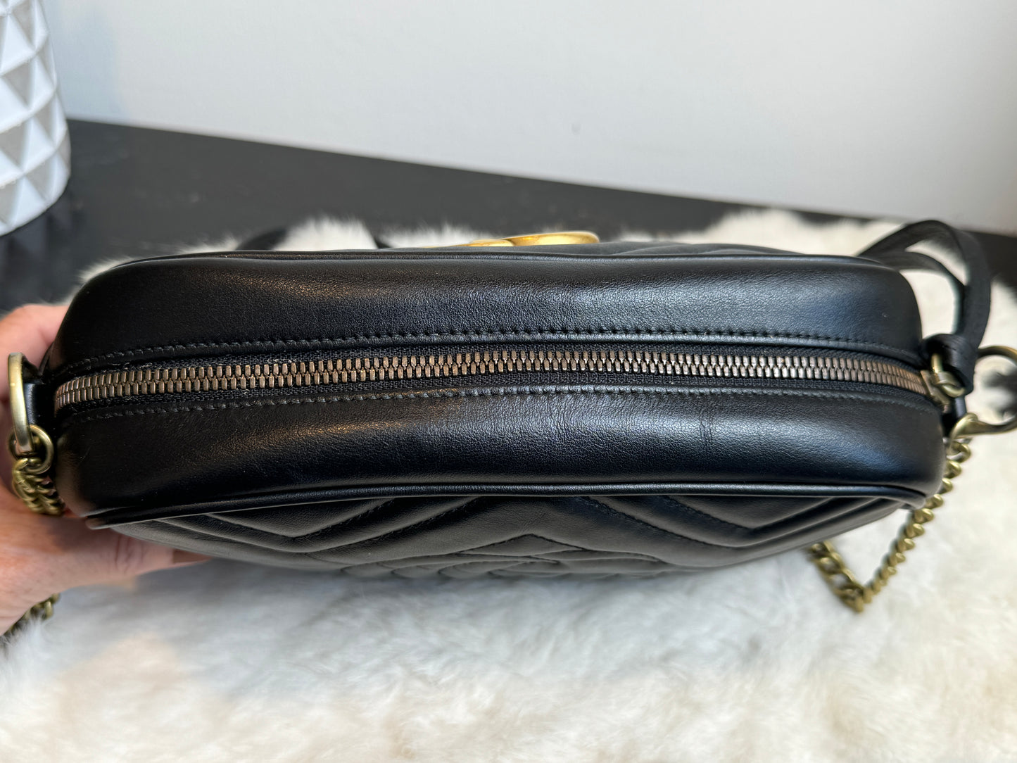 GUCCI Black Leather GG Marmont Small Camera Bag