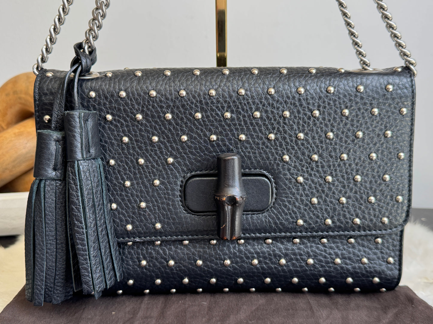 GUCCI Miss Bamboo Black Studded Chain Bag