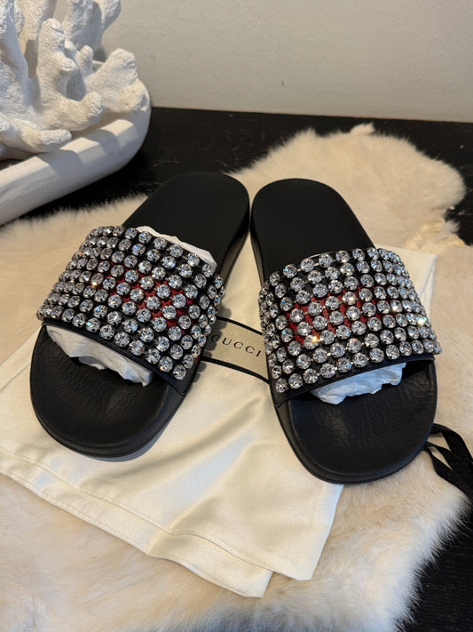 NEW!! GUCCI Leather Crystal Pursuit Navy/Red Women's Slides 38EU