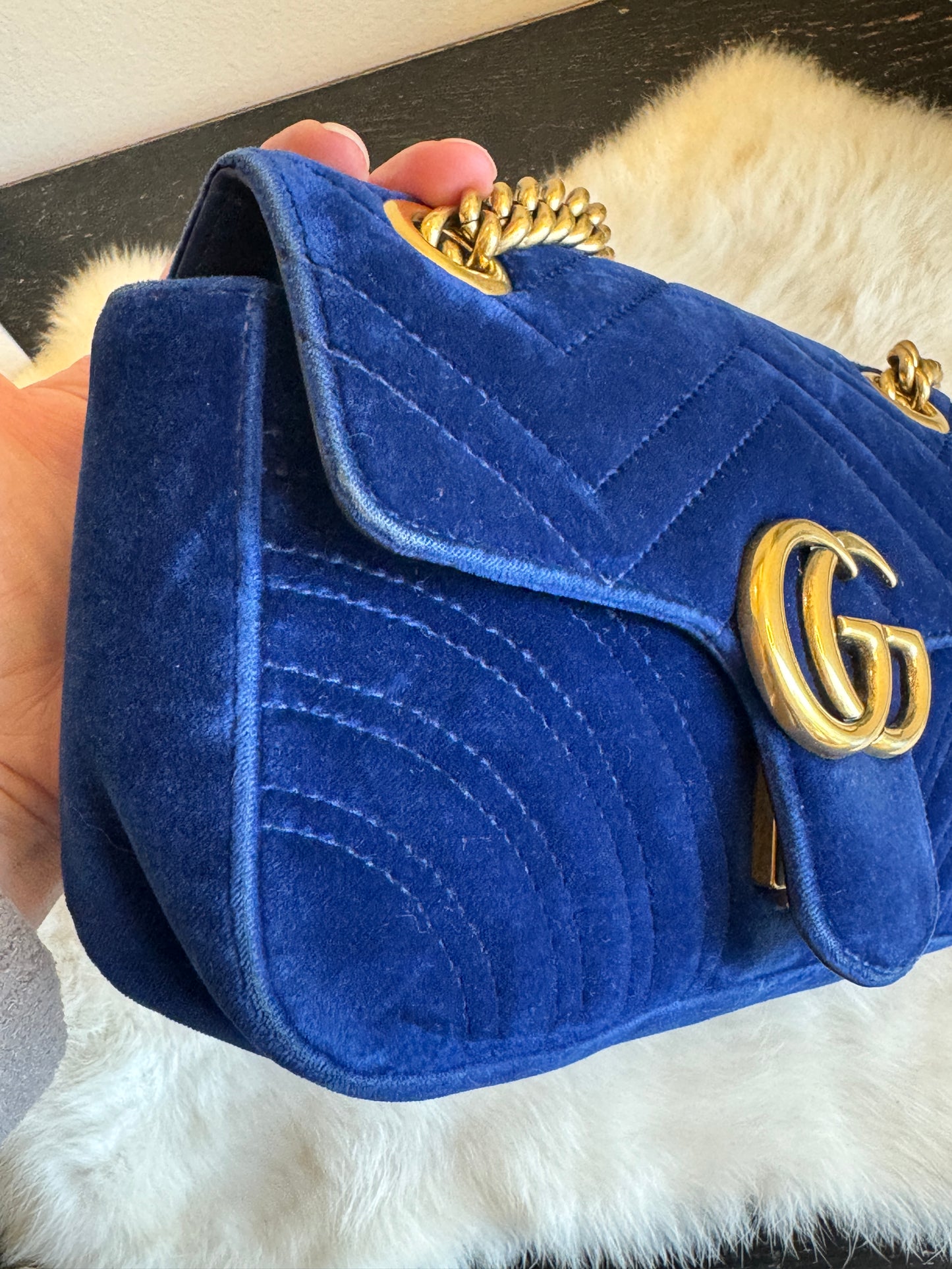 GUCCI Blue Velvet Marmont Mini Bag