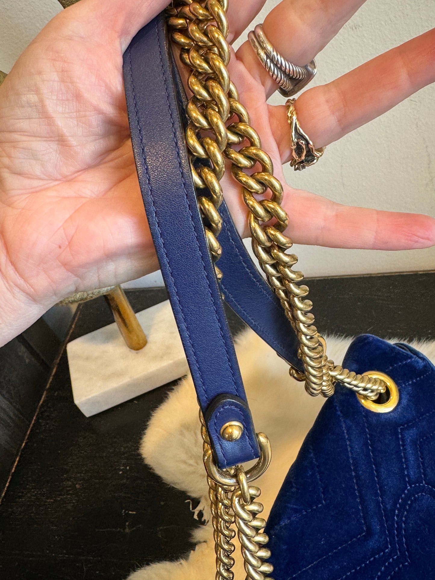 GUCCI Blue Velvet Marmont Mini Bag