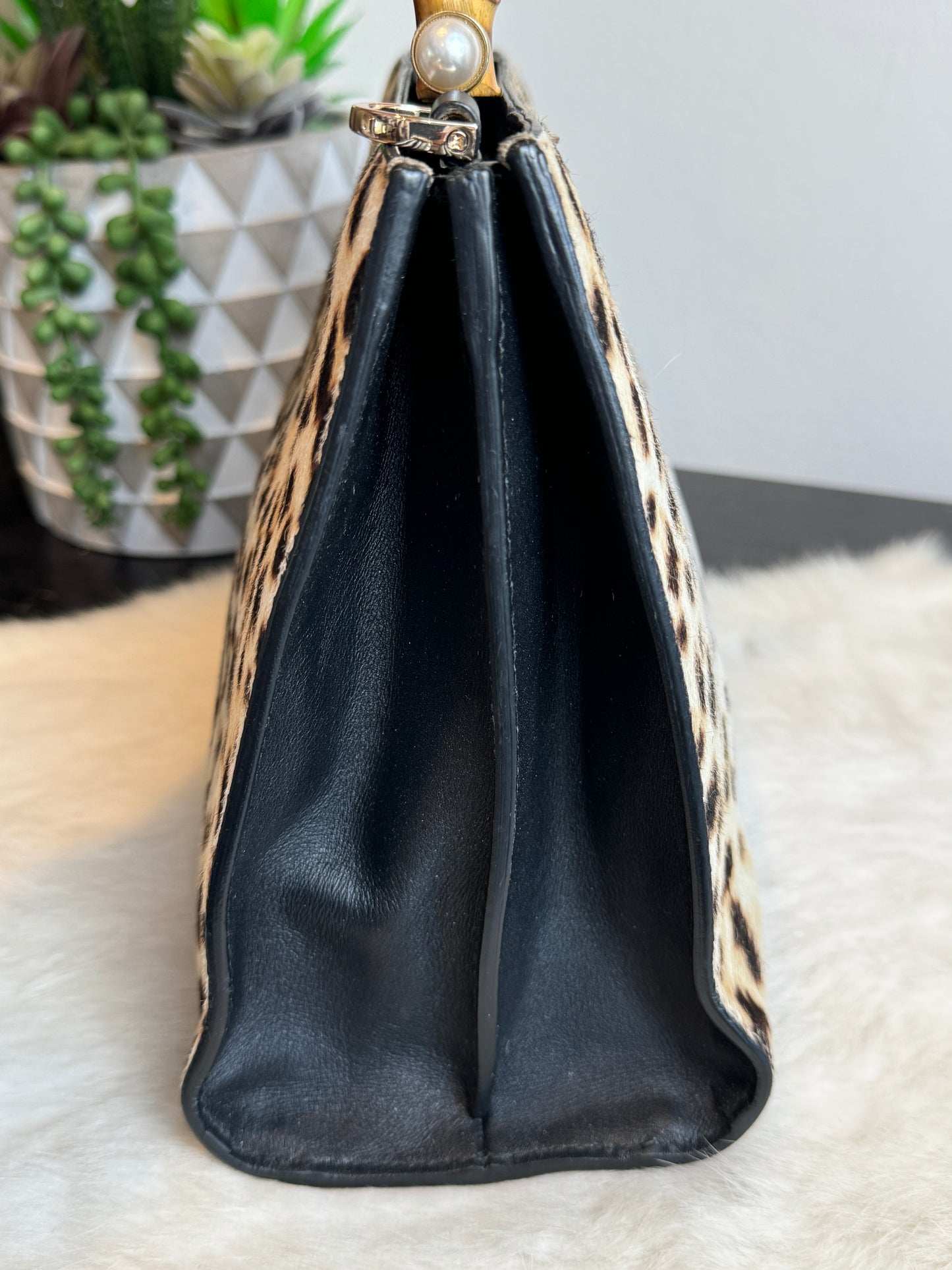 Gucci Calf Hair Bamboo Leopard Print Small Nymphaea Bag