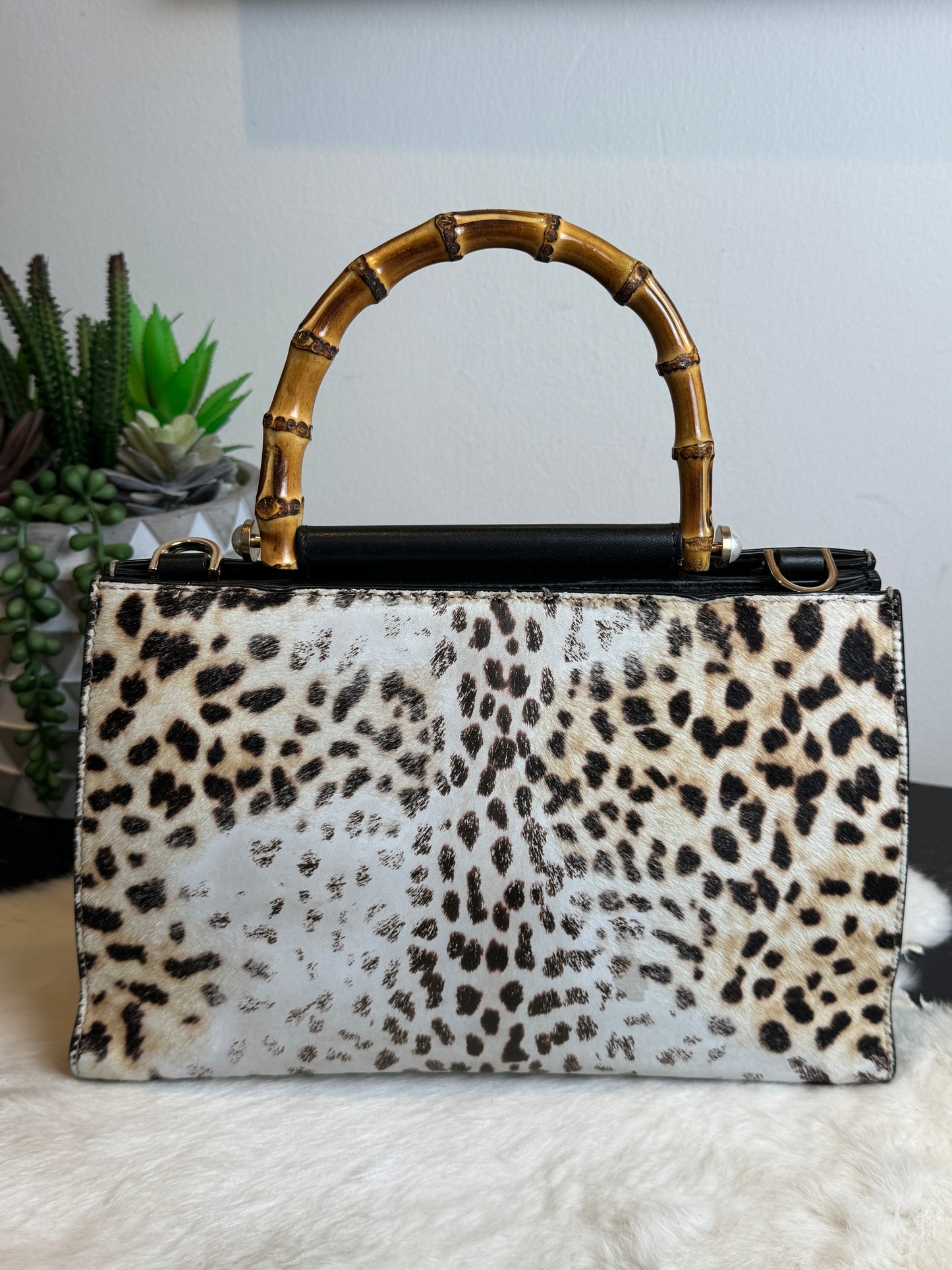 Gucci Calf Hair Bamboo Leopard Print Small Nymphaea Bag