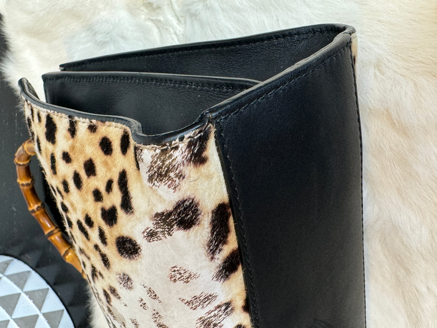 Gucci Calf Hair Bamboo Leopard Print Small Nymphaea Bag
