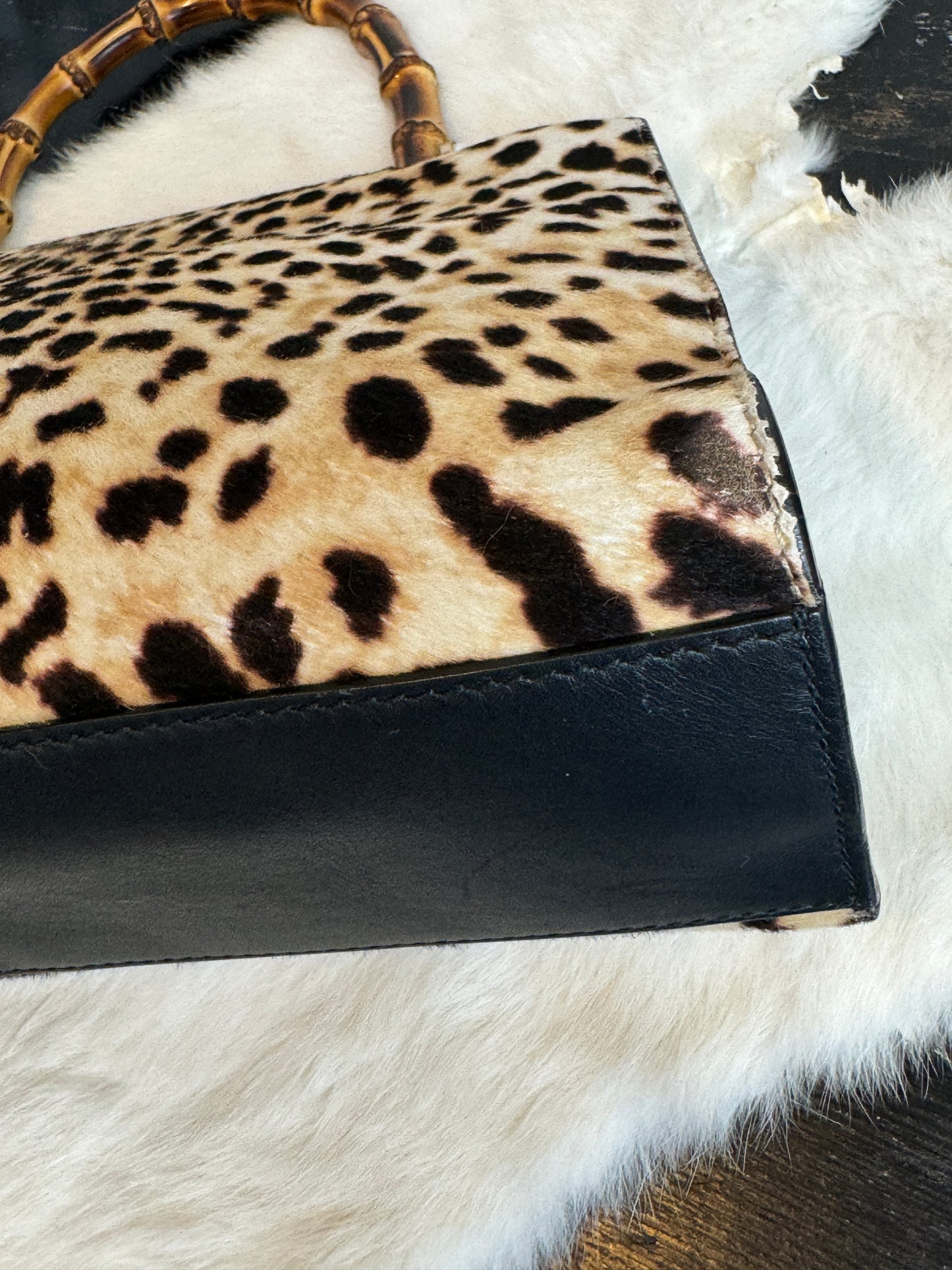 Gucci Calf Hair Bamboo Leopard Print Small Nymphaea Bag