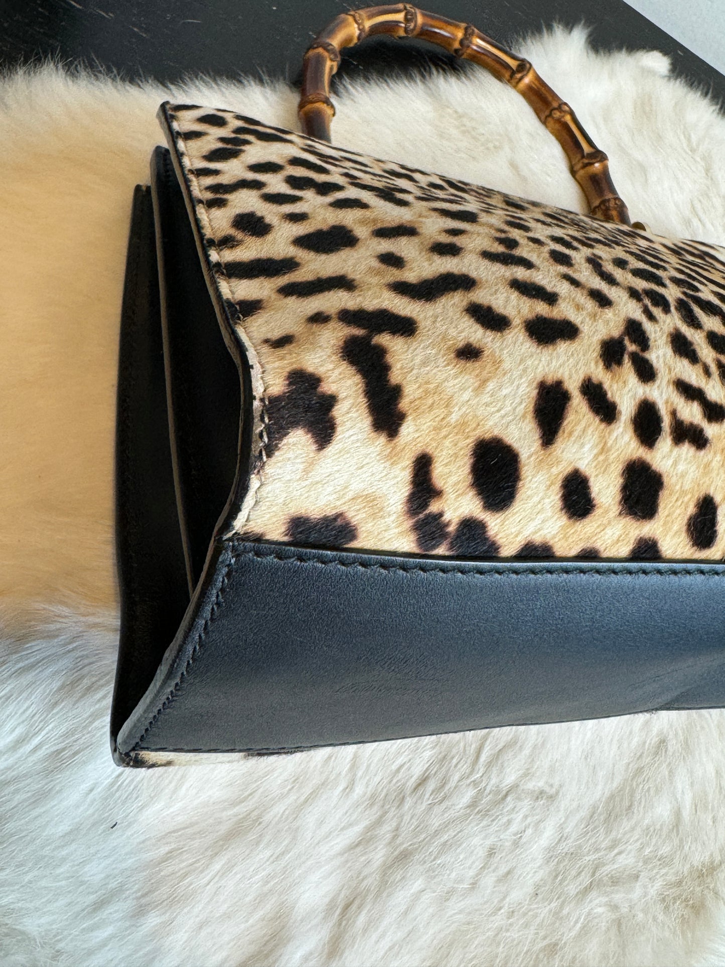 Gucci Calf Hair Bamboo Leopard Print Small Nymphaea Bag