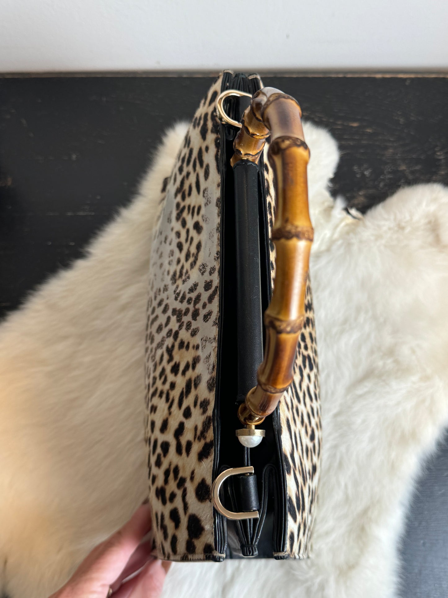 Gucci Calf Hair Bamboo Leopard Print Small Nymphaea Bag