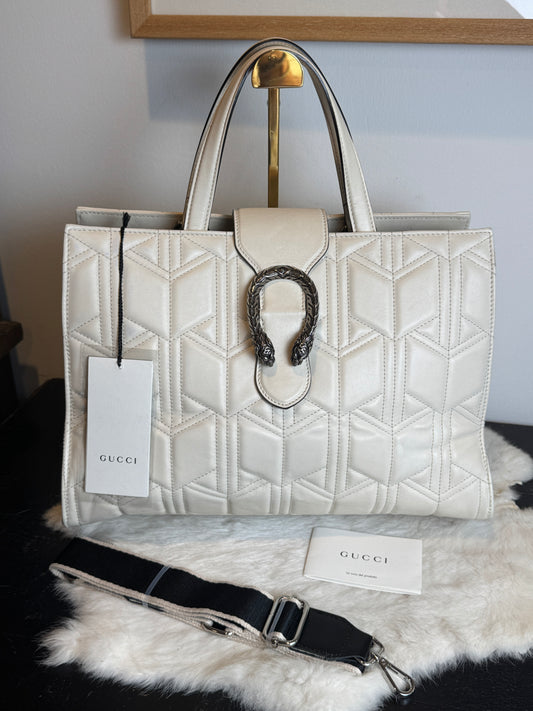 GUCCI Ivory Leather GG Marmont Dionysus Large Tote Bag