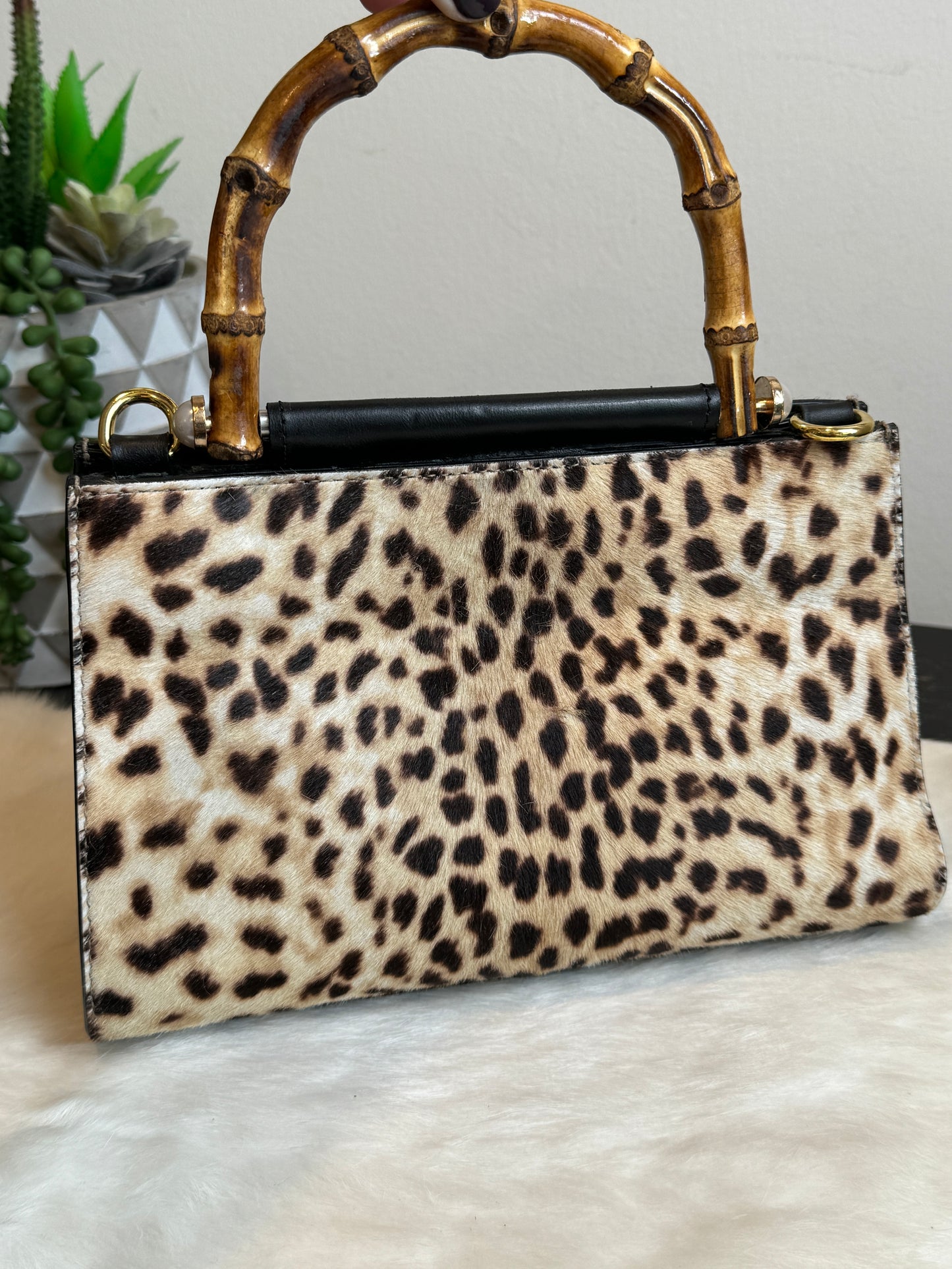 Gucci Calf Hair Bamboo Leopard Print Mini Nymphaea Bag