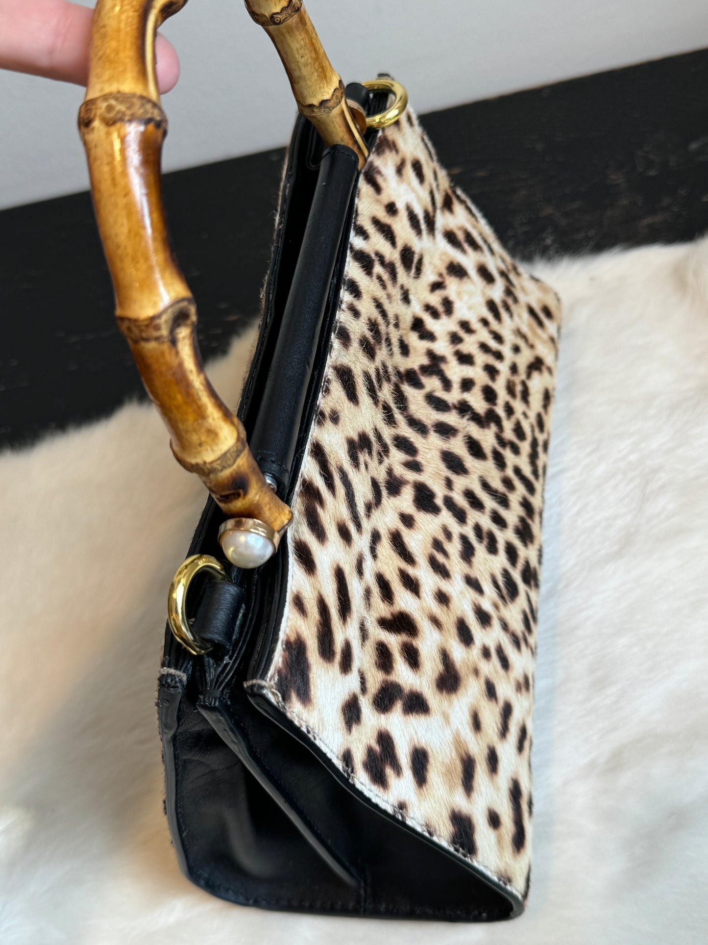 Gucci Calf Hair Bamboo Leopard Print Mini Nymphaea Bag