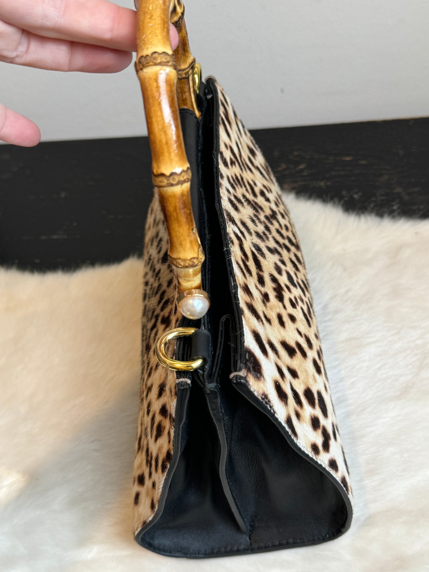 Gucci Calf Hair Bamboo Leopard Print Mini Nymphaea Bag