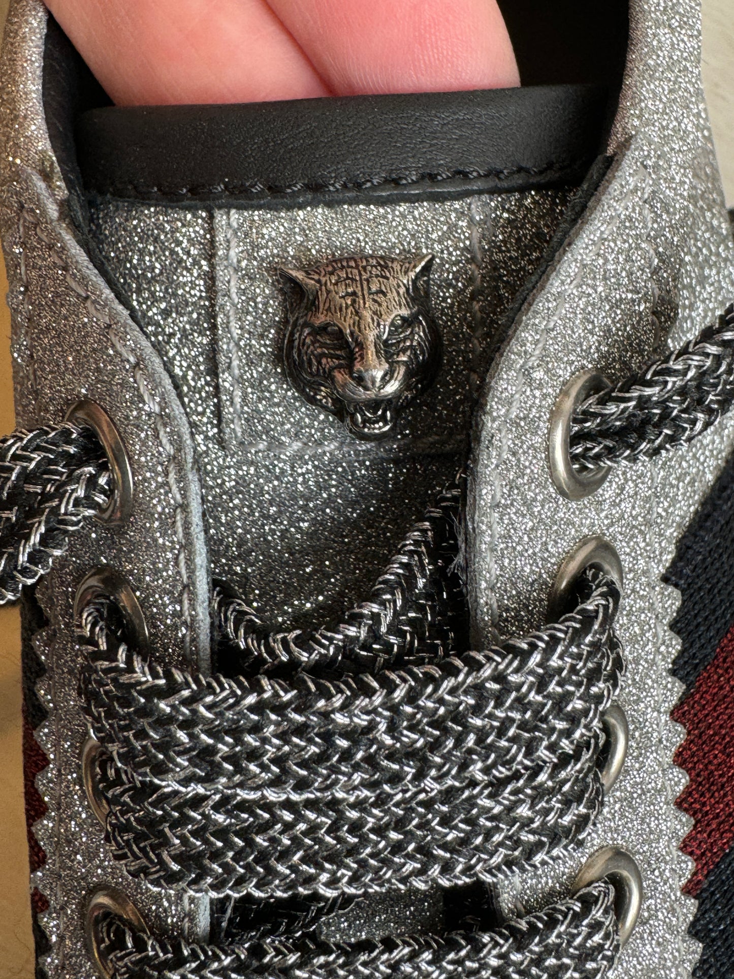 GUCCI Ace Silver Glitter Studded Women's Sneakers Size 38EU