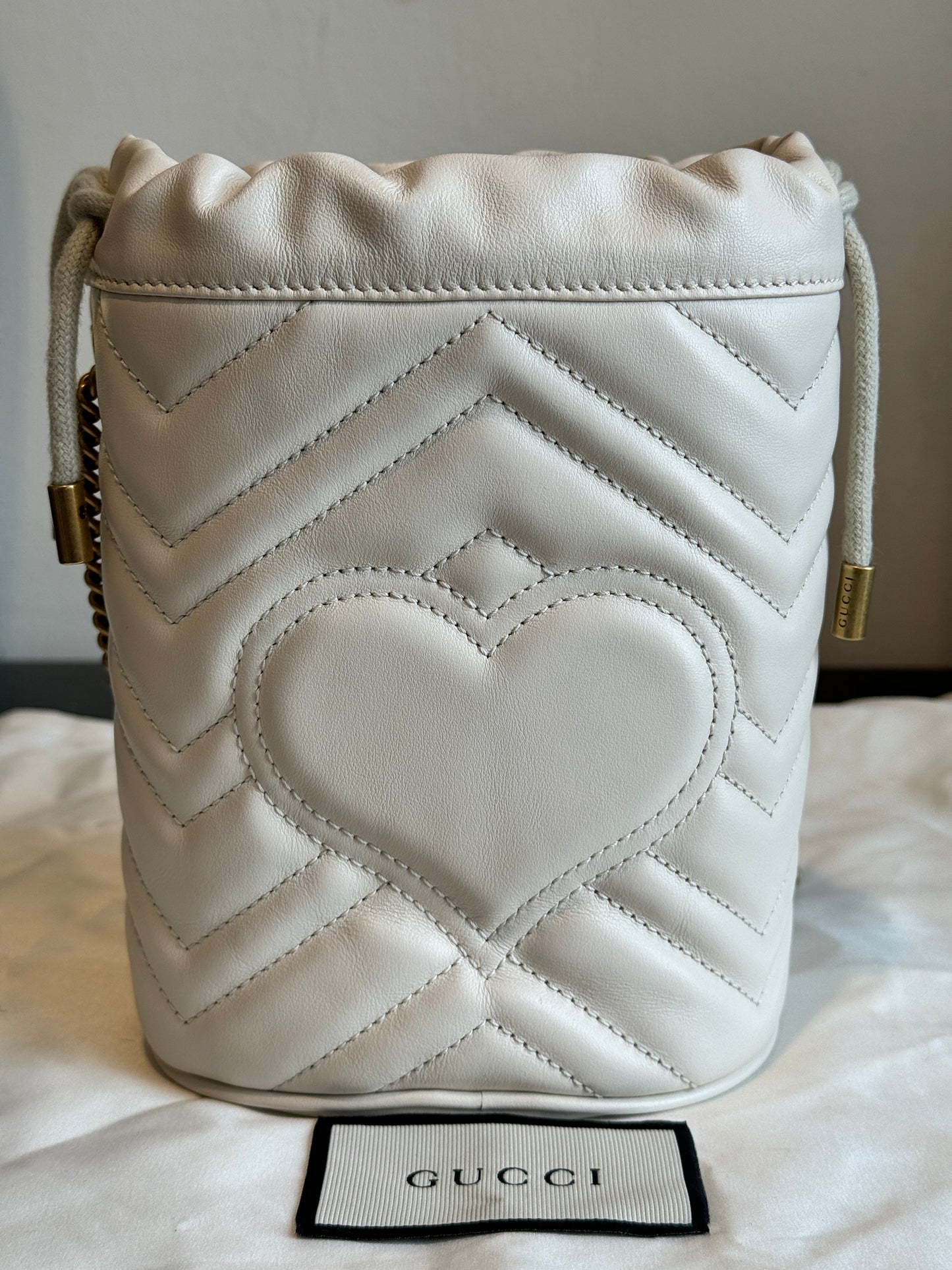 GUCCI Cream Leather GG Marmont Mini Bucket Bag