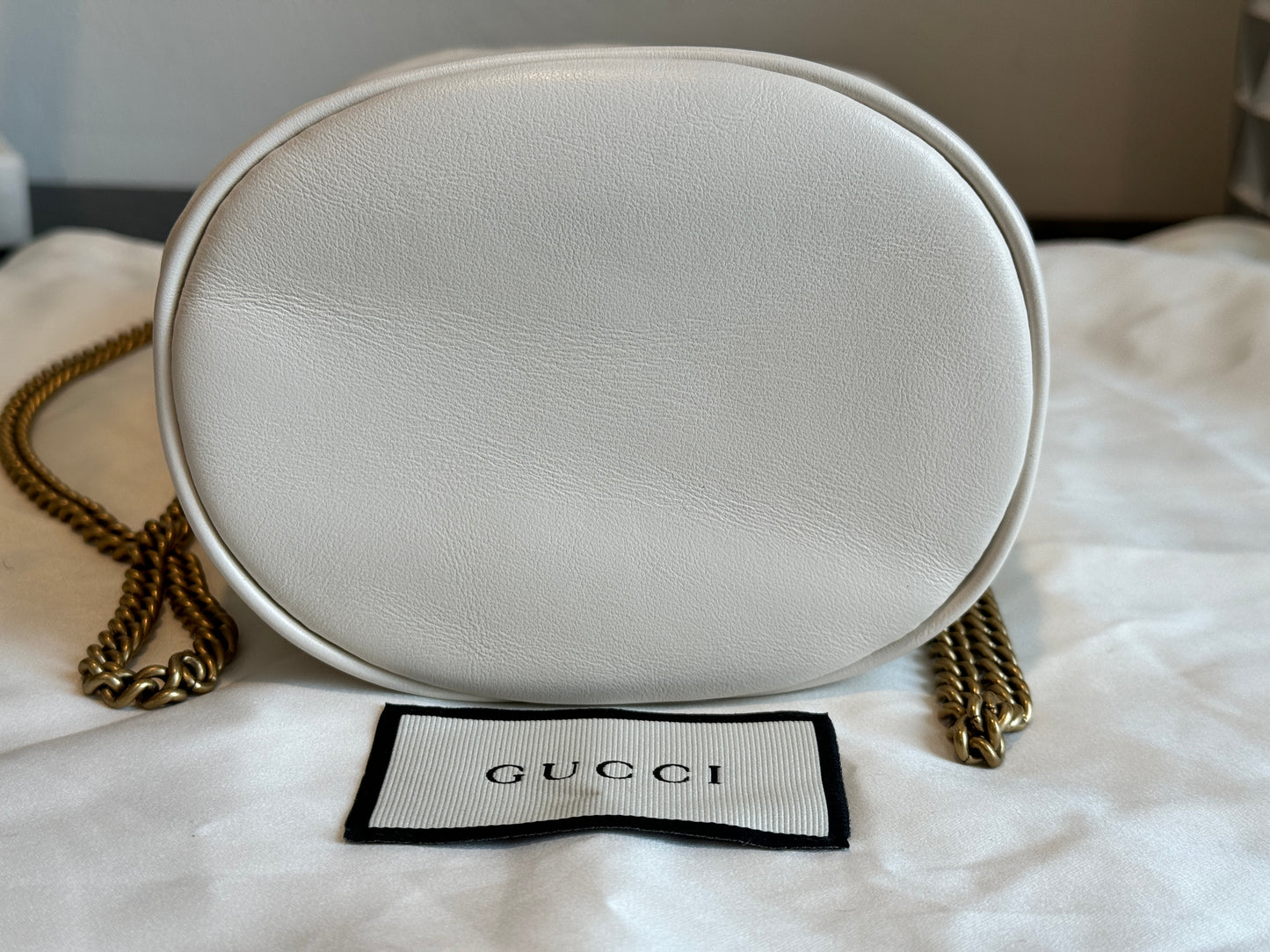 GUCCI Cream Leather GG Marmont Mini Bucket Bag