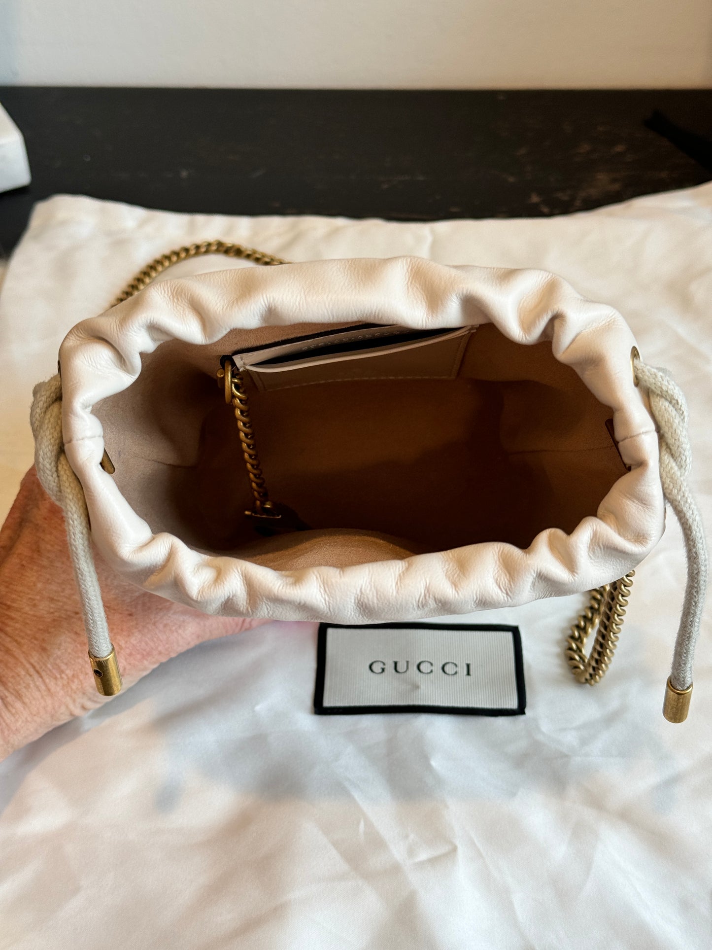 GUCCI Cream Leather GG Marmont Mini Bucket Bag