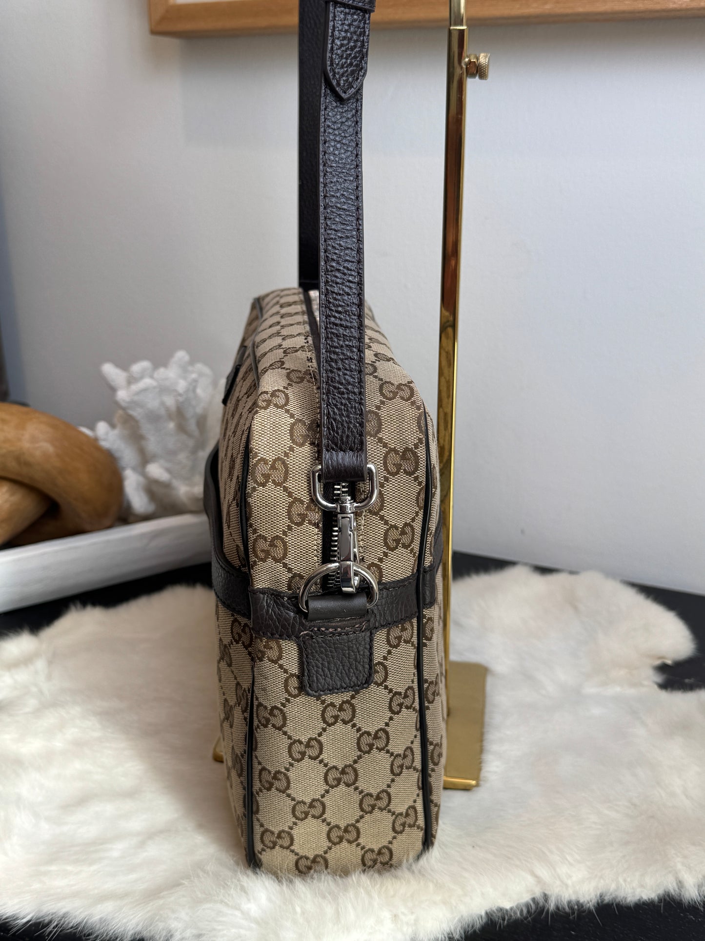 GUCCI GG Monogram Canvas Messenger Bag Dark Brown