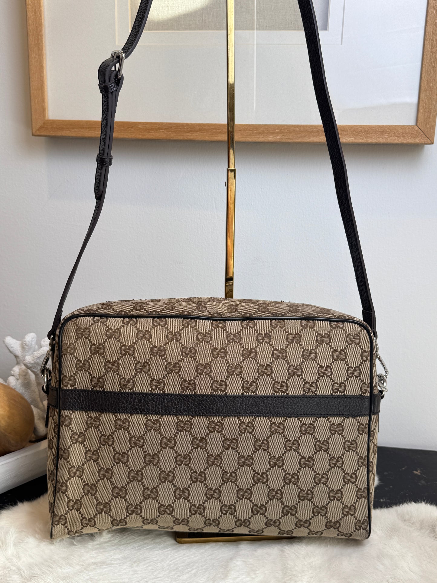 GUCCI GG Monogram Canvas Messenger Bag Dark Brown