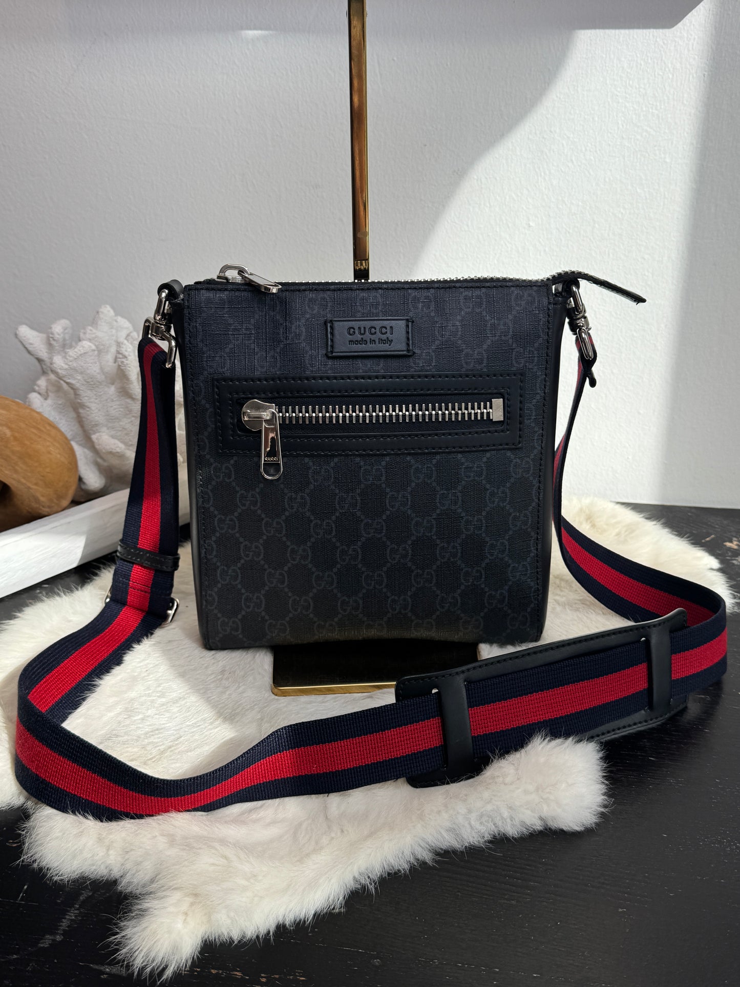 GUCCI Supreme Monogram Web Small Flat Messenger Bag Black