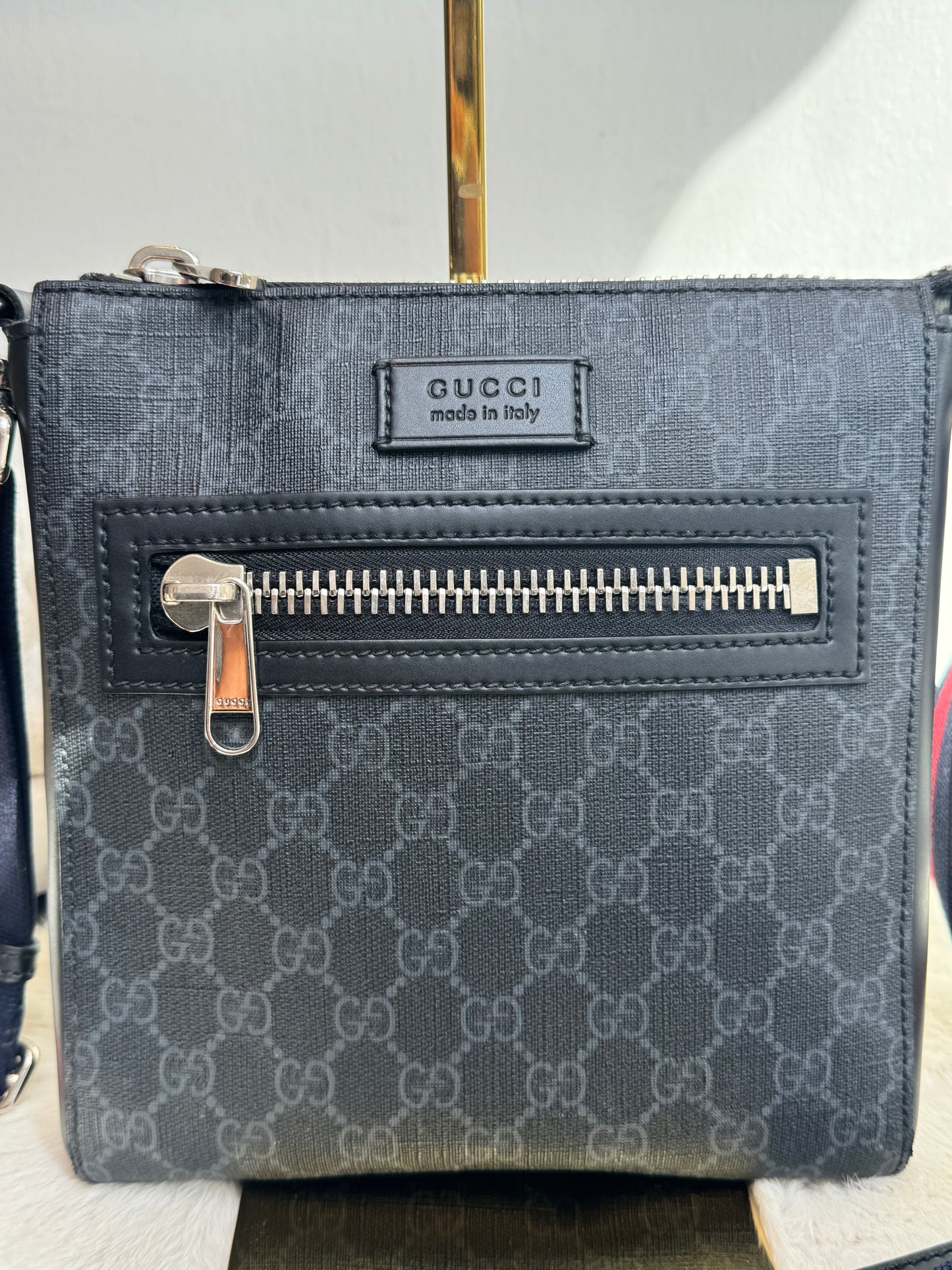 GUCCI Supreme Monogram Web Small Flat Messenger Bag Black