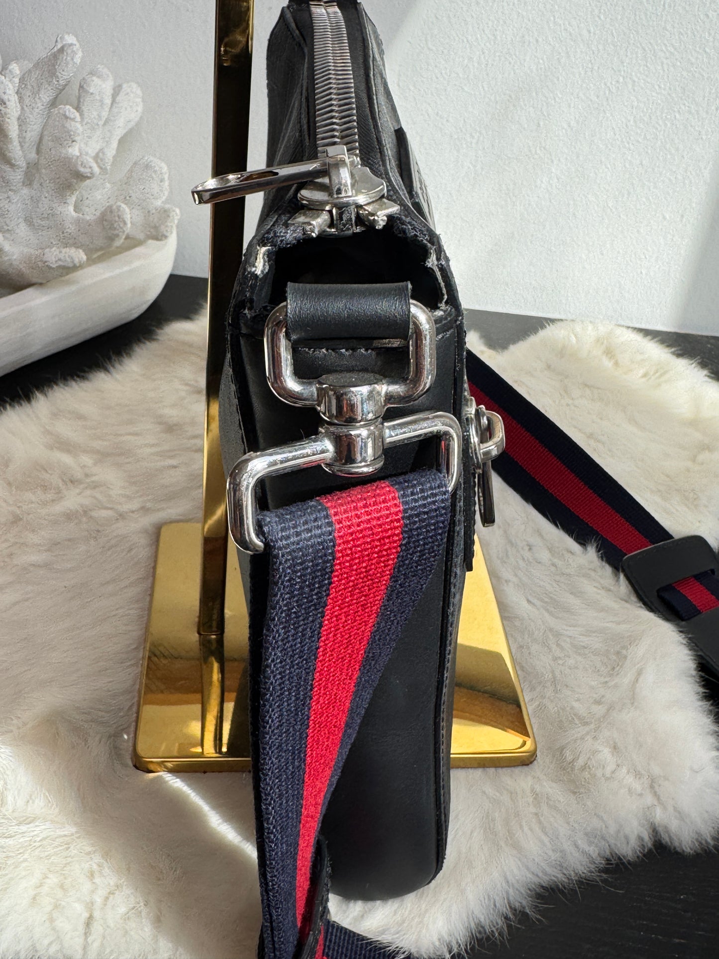 GUCCI Supreme Monogram Web Small Flat Messenger Bag Black