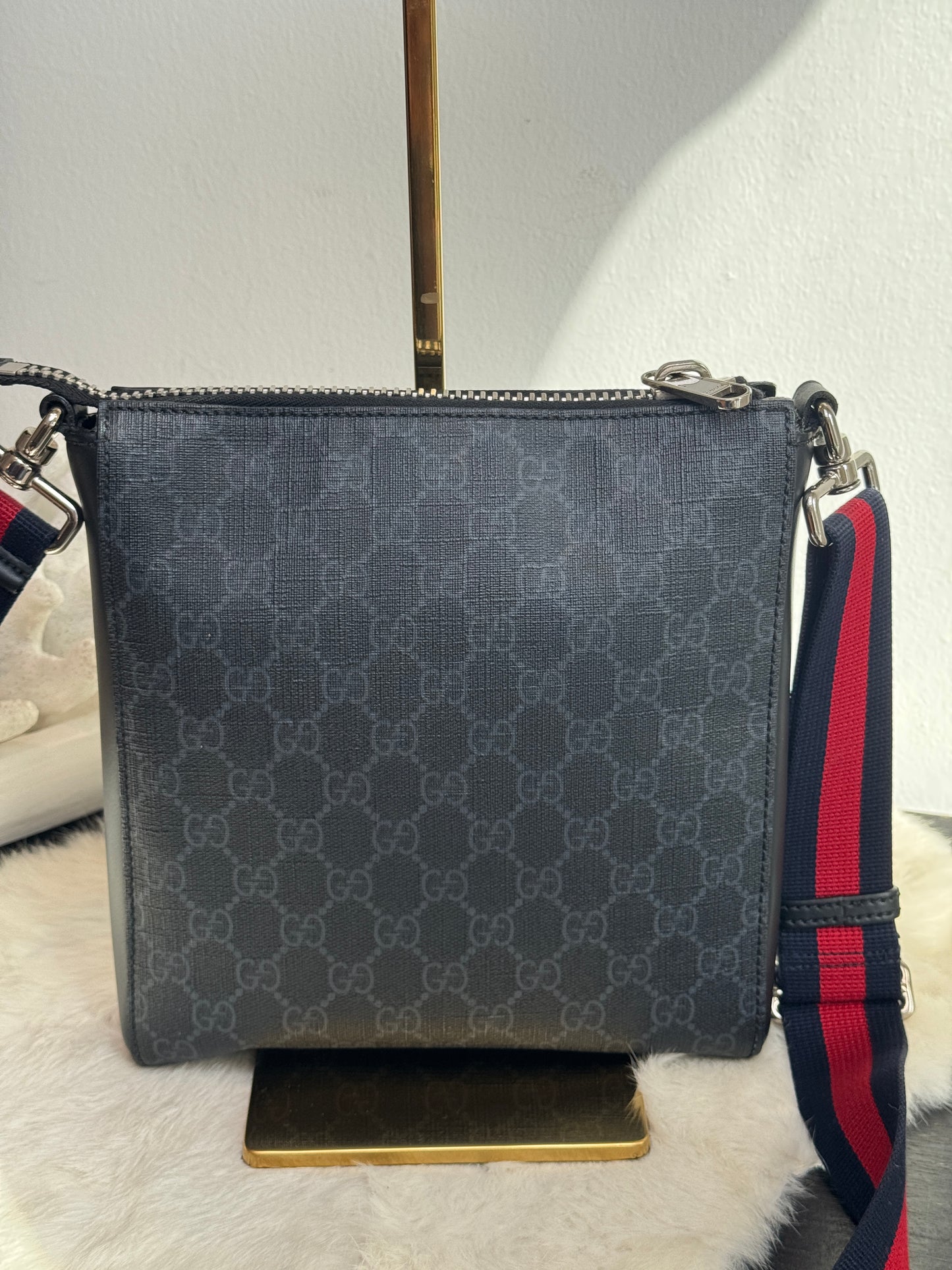 GUCCI Supreme Monogram Web Small Flat Messenger Bag Black