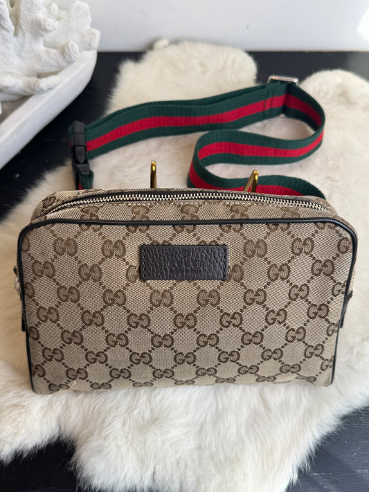 GUCCI Monogram Dollar Calfskin Stripe Web Belt Bag