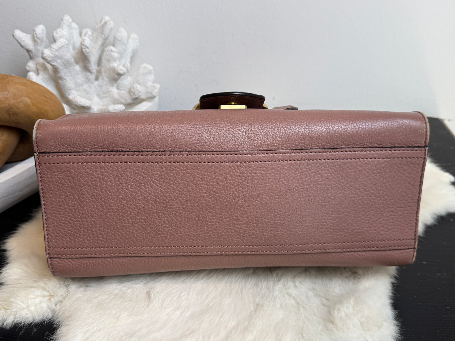Gucci Pebbled Calfskin Small GG Marmont Top Handle Bag Rose