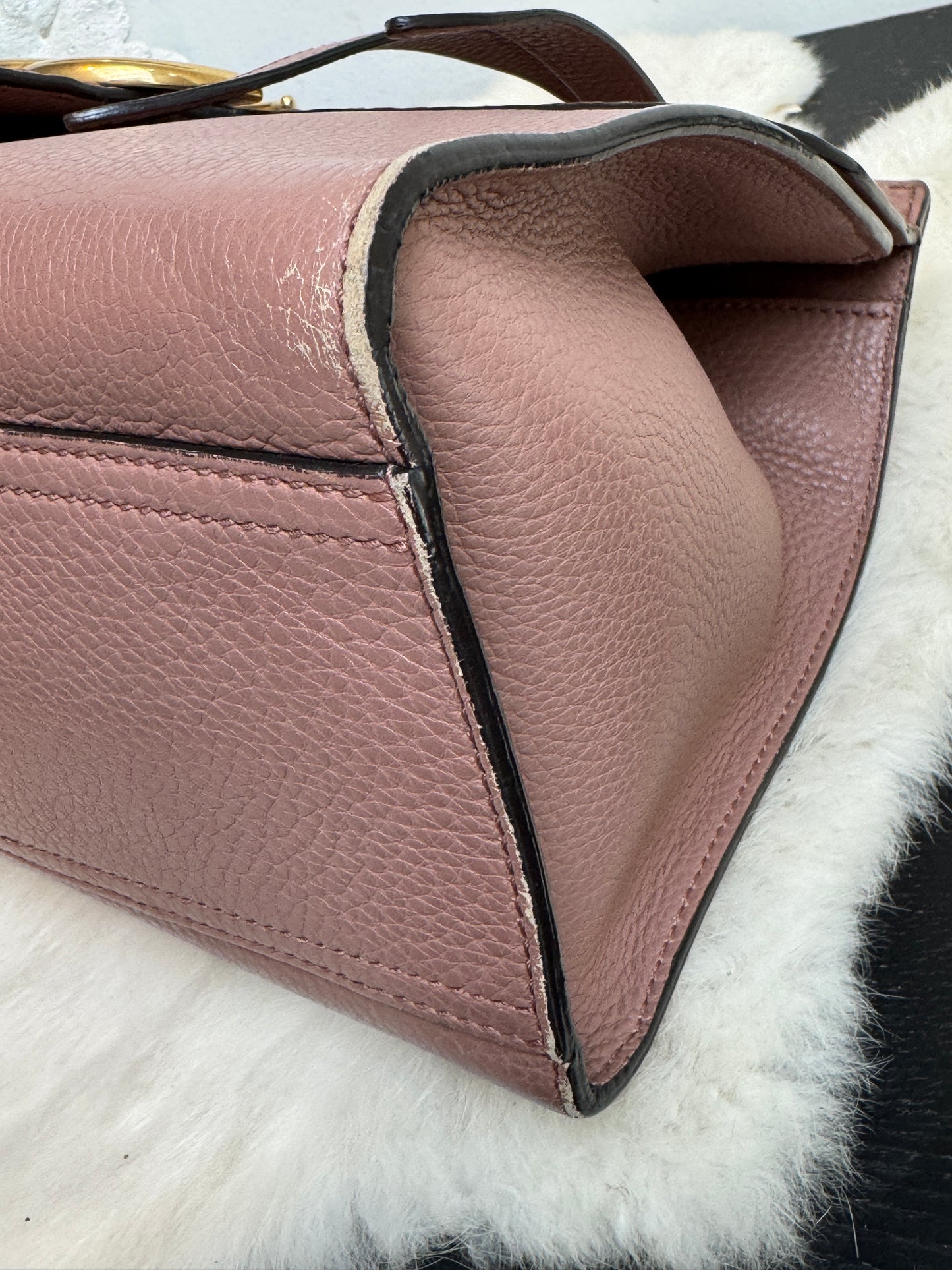 Gucci Pebbled Calfskin Small GG Marmont Top Handle Bag Rose