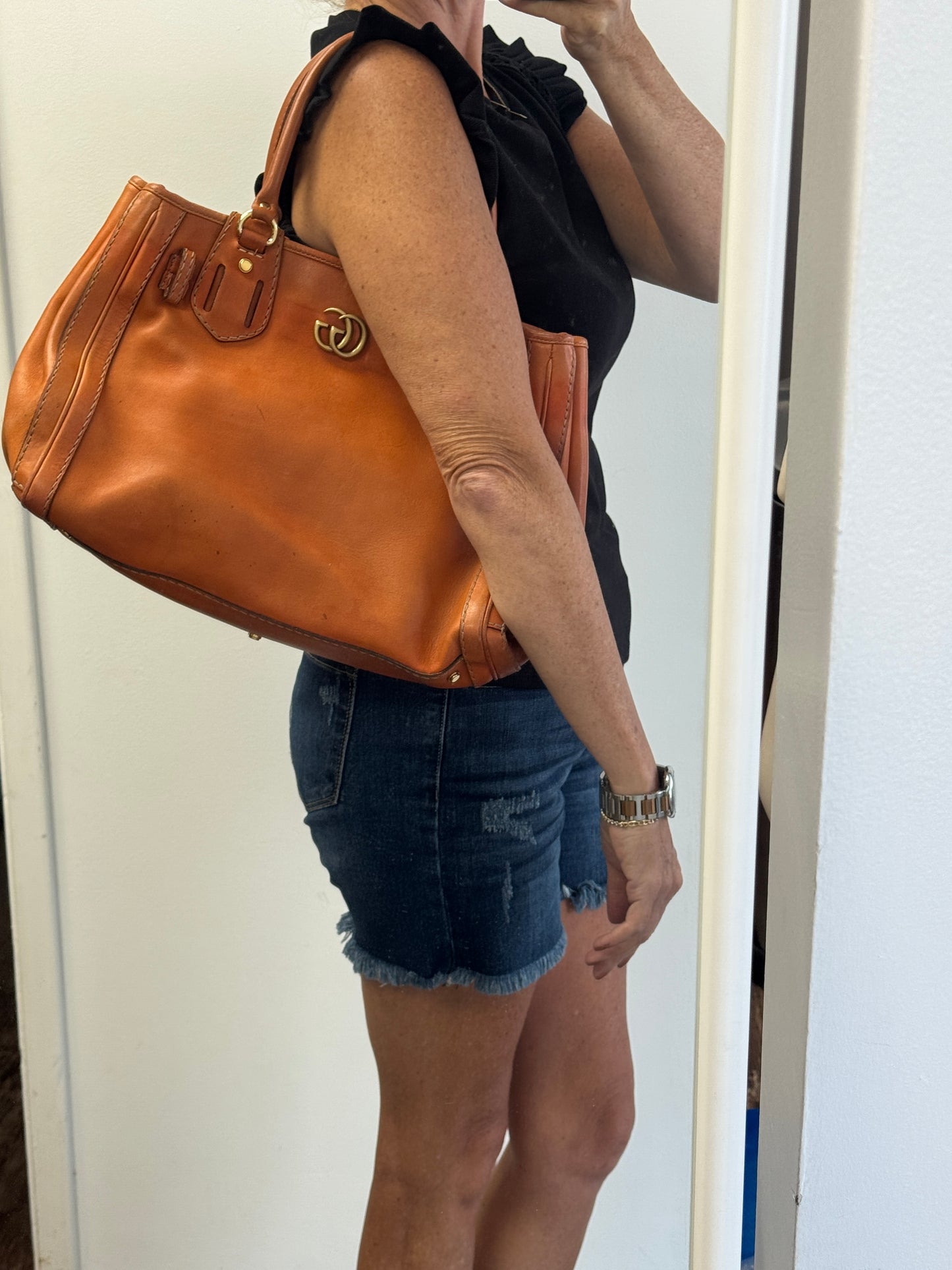 GUCCI GG Running Tote Bag Handbag Leather Orange