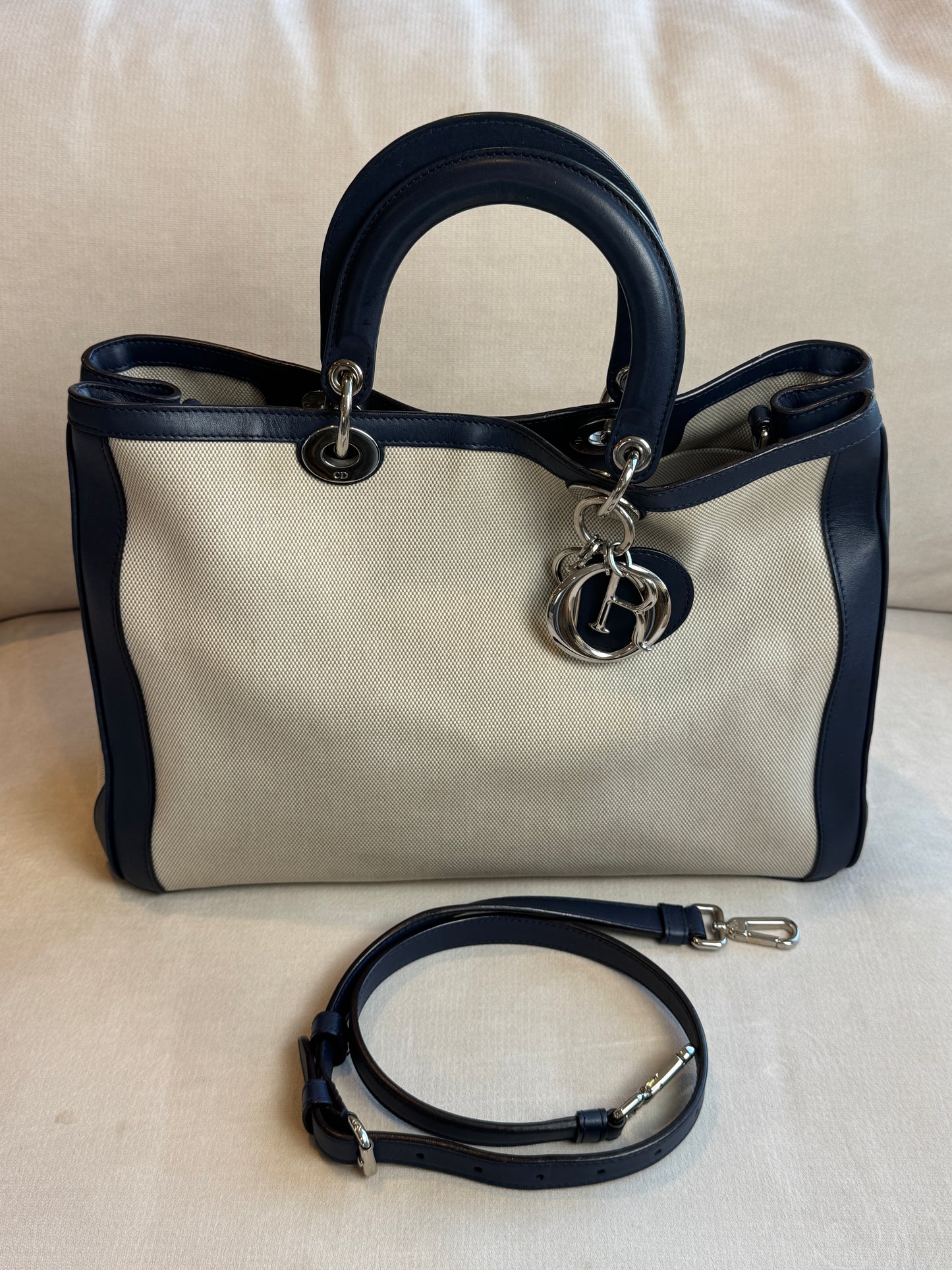 Dior Navy Canvas and Leather Large Diorissimo Tote Tan/Navy