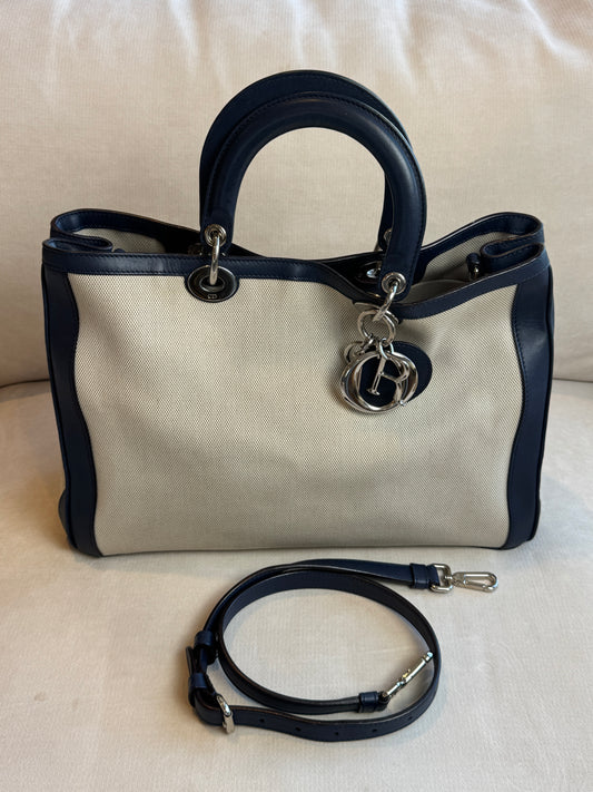 Dior Navy Canvas and Leather Large Diorissimo Tote Tan/Navy