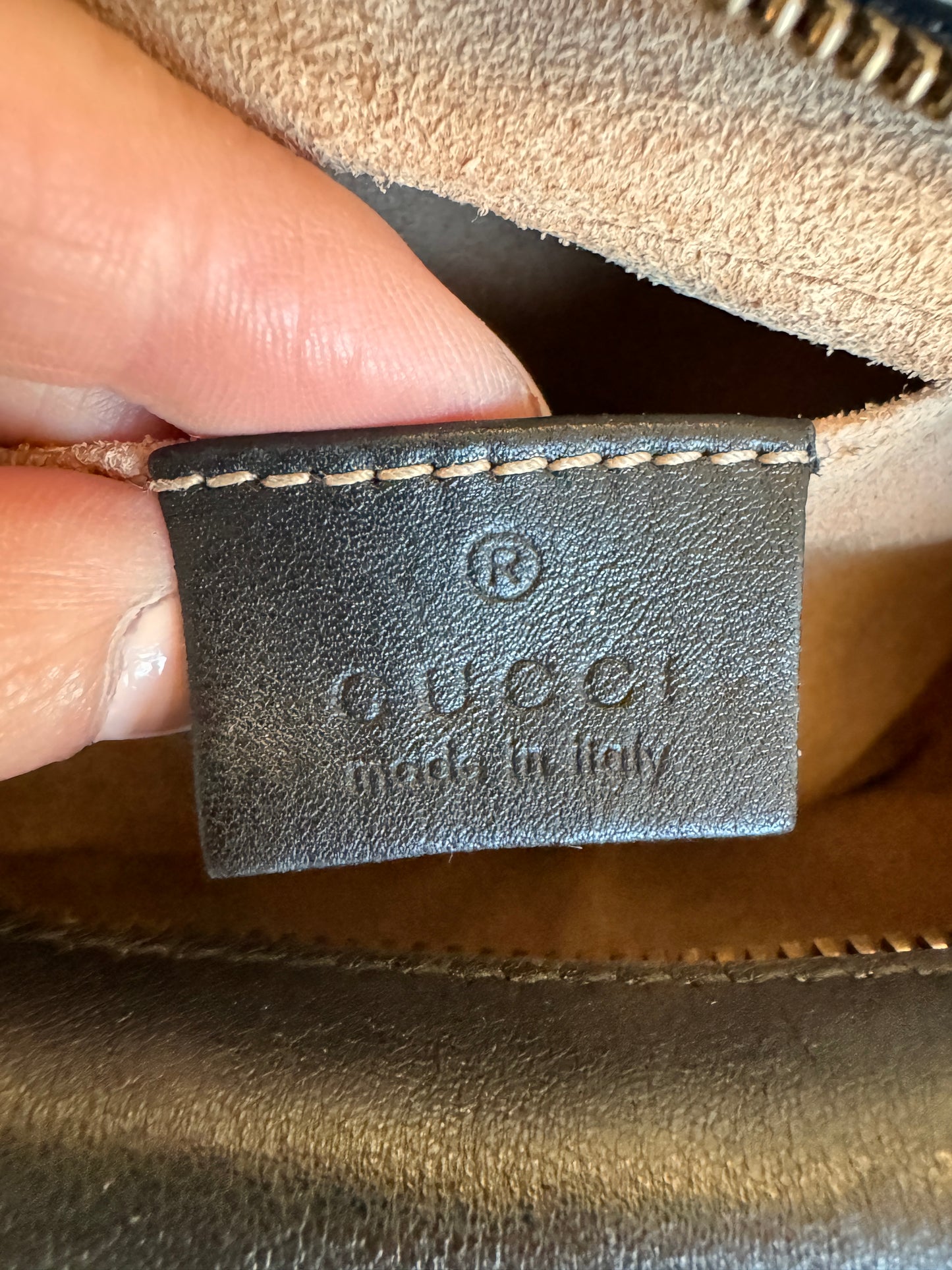 GUCCI Black Pearl Leather GG Marmont Small Camera Bag