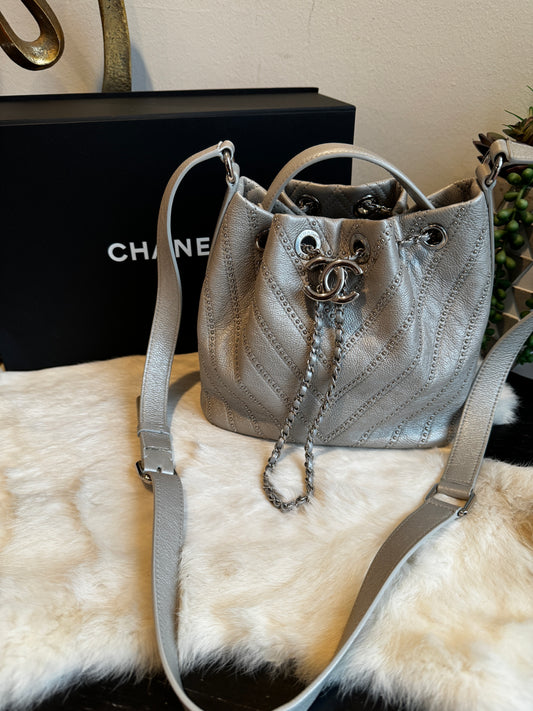 Chanel Chevron Quilted Studded Calfskin Metallic Bucket Bag